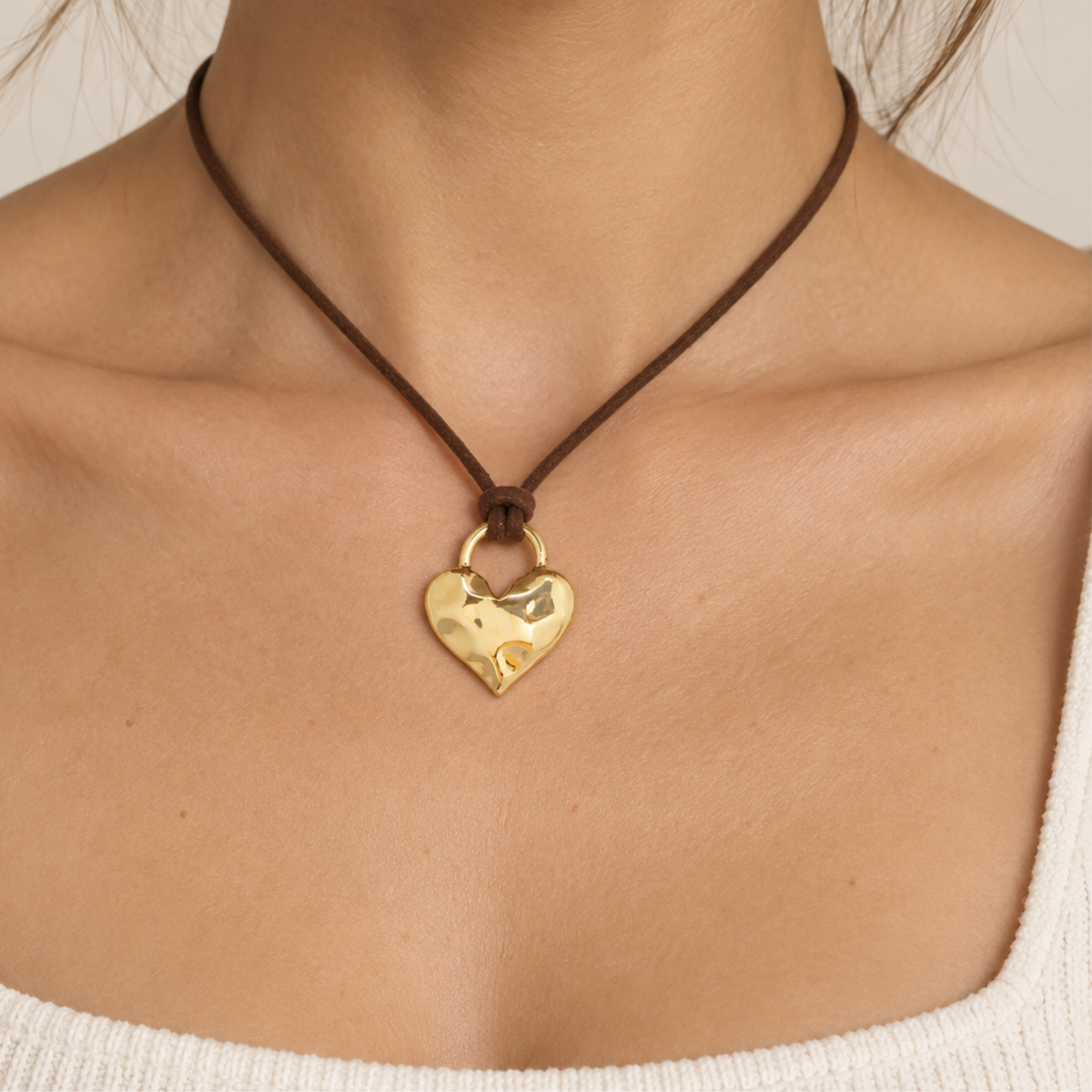 Textured Puffy Heart Suede Adjustable Necklace