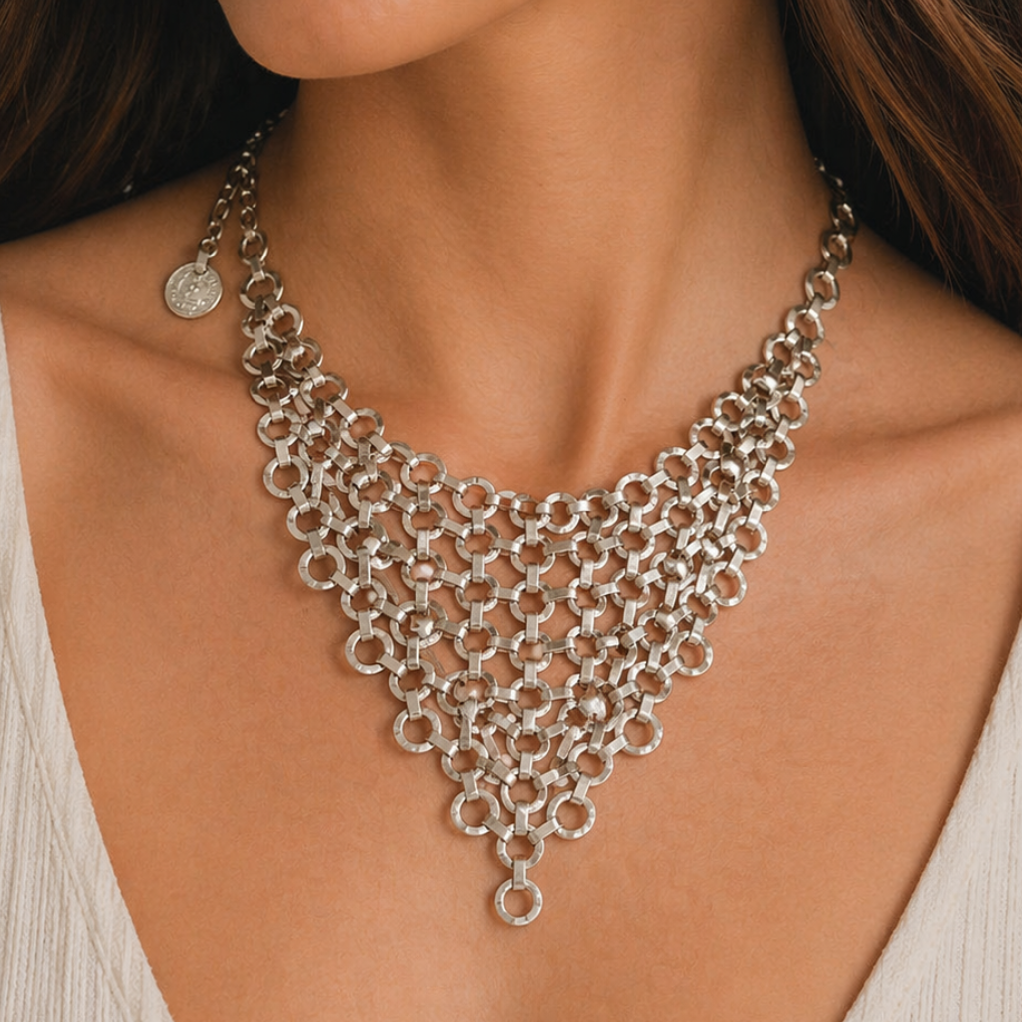 Chanour Aurora Mesh Collar necklace featuring a delicate, intricate mesh design with a stylish, modern metal finish.