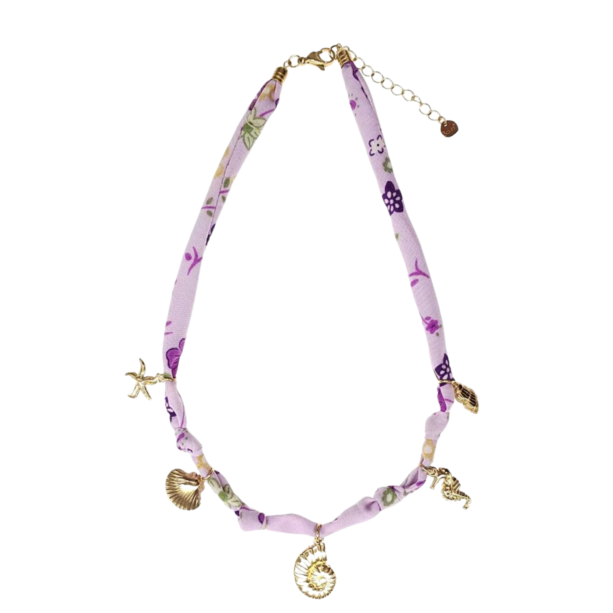 Fabric Necklace w/ Shell Charms in Gold Stainless Steel Gid