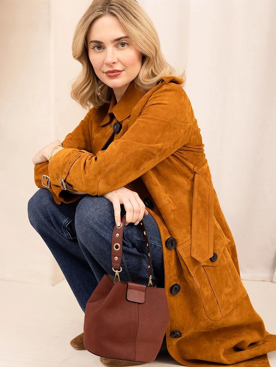 Farrah Suede Bucket Bag w/ Top Handle & Inner Bag