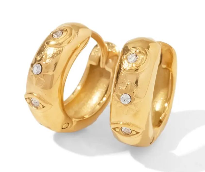 Chubby Hoop Earring-Evil Eye CZ-18K Gold- Waterproof-PVD