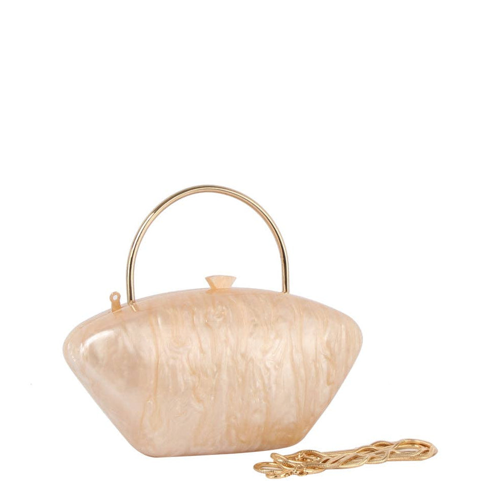 Beige handbag with gold handle on a white background