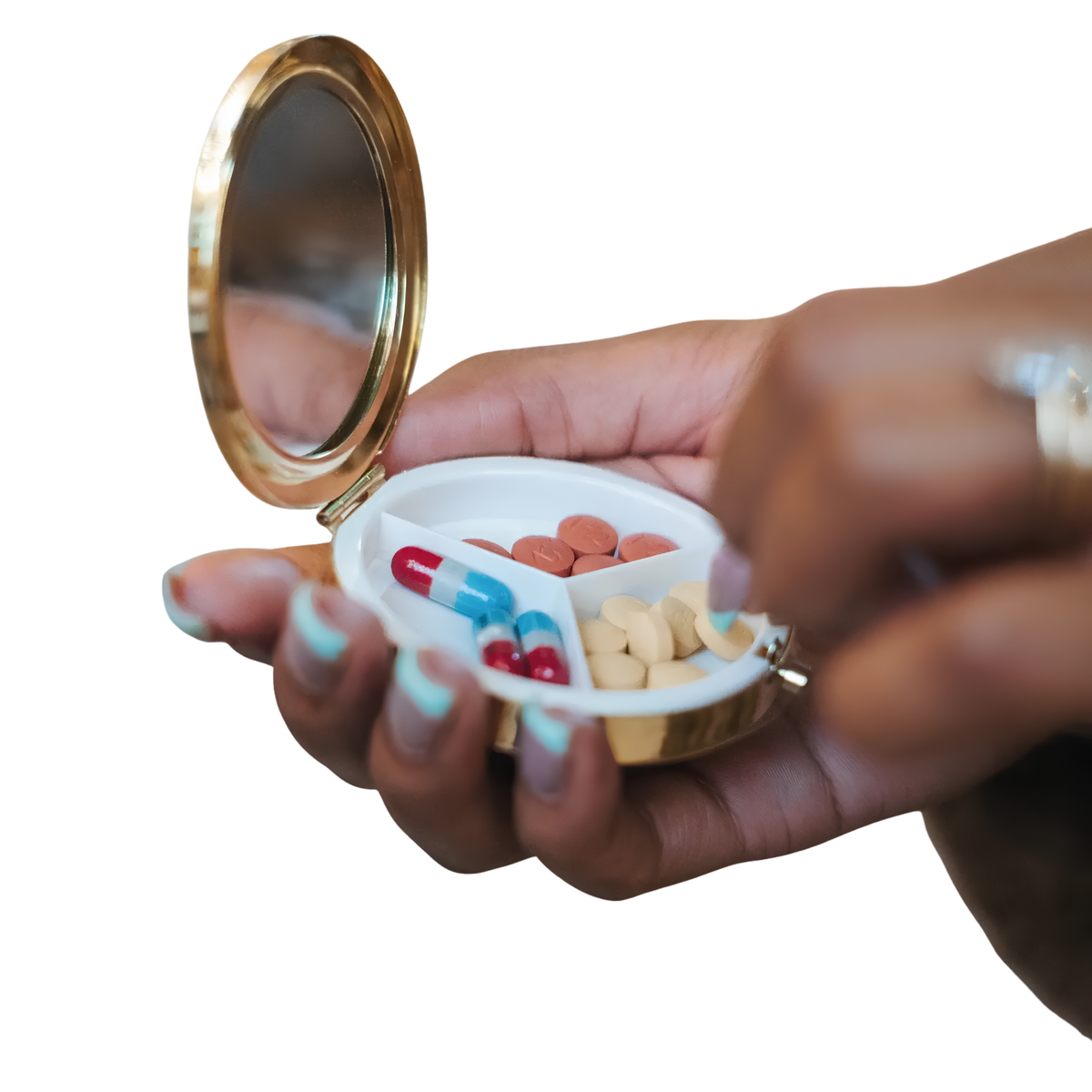 Solar Eclipse Hand-Painted Butter Cookies Handbag Hero Pill compact mirror with detailed, colorful butter cookie design.