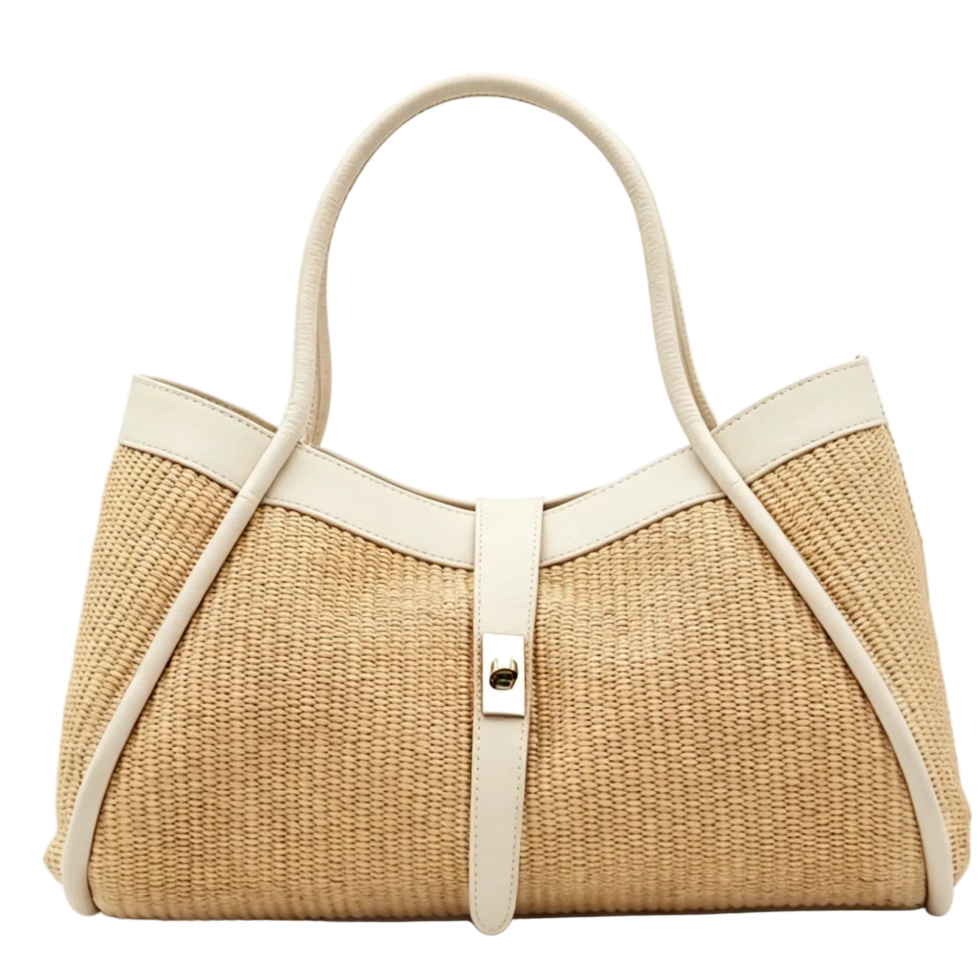 Raffia tote bag with genuine leather trim, stylish and spacious bag by Private Label, showcasing woven raffia material and leather accents.