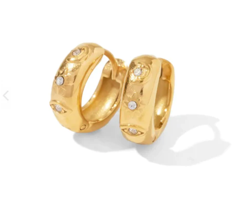 Chubby hoop earring featuring an evil eye design, CZ stones, and 18K gold waterproof PVD finish.