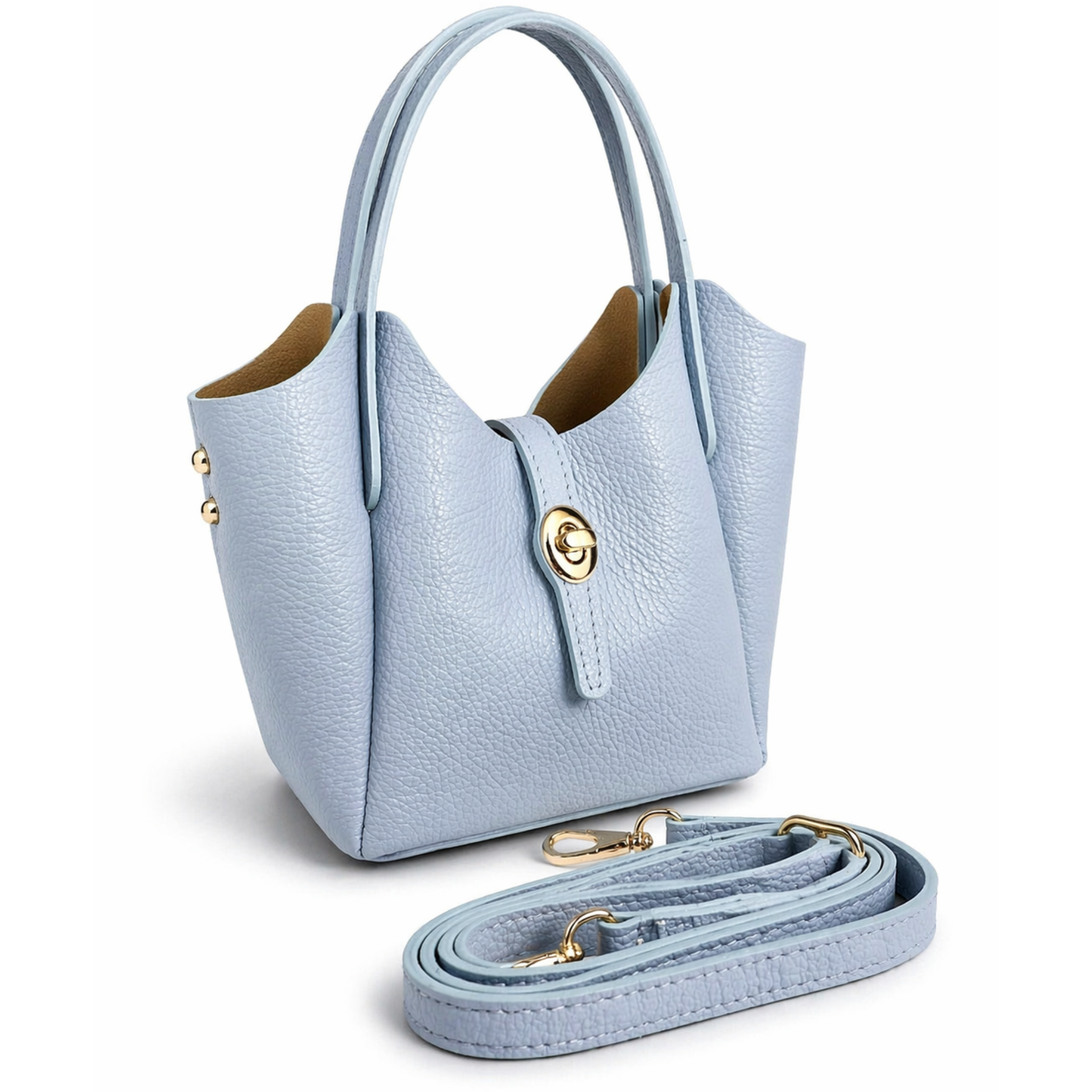 Private Vendor Geneva mini leather bucket bag with adjustable strap and top handle, stylish and compact for everyday use.