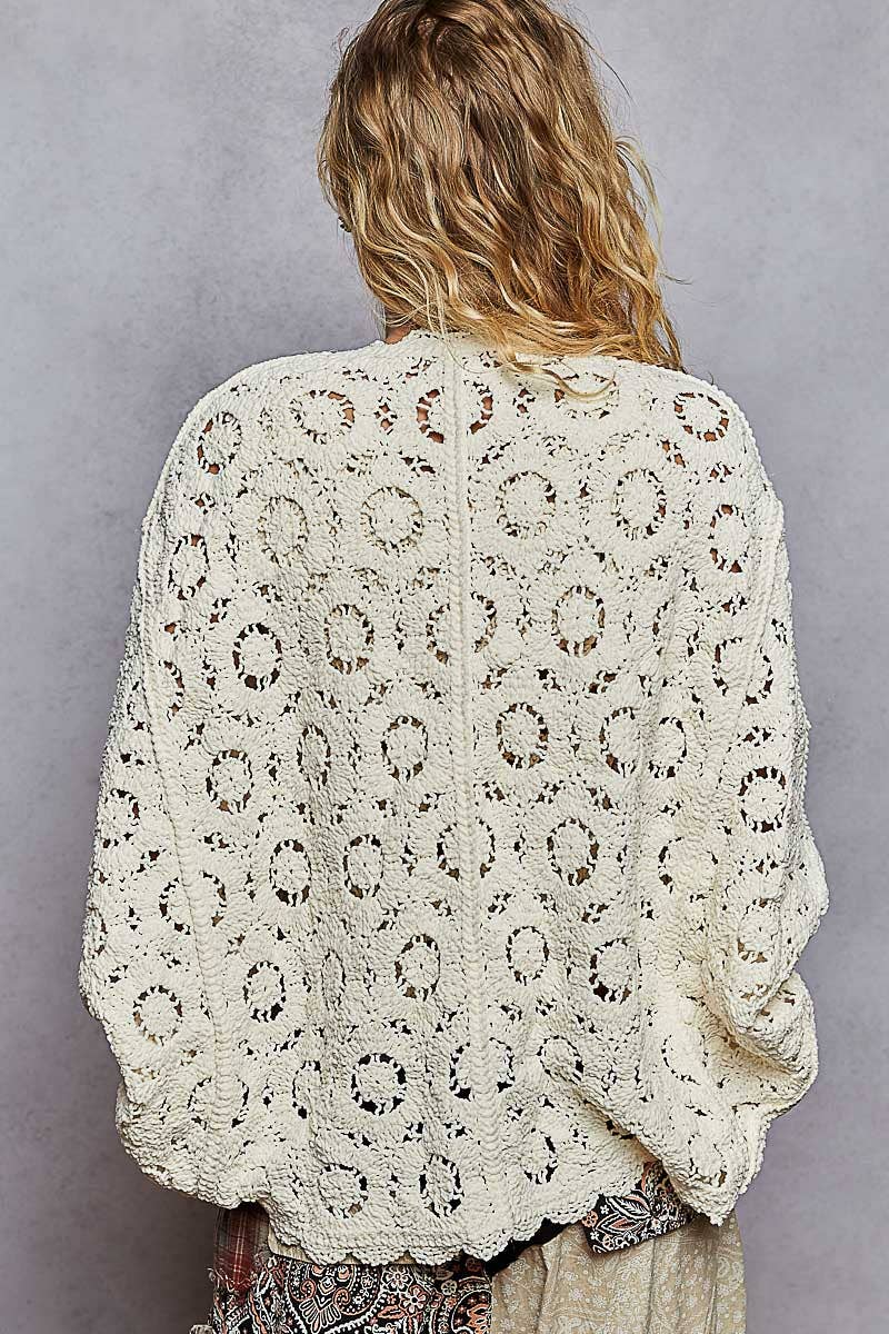 Pol Clothing long sleeve v-neck floral crochet chenille cardigan, stylish tops with floral pattern and cozy texture.