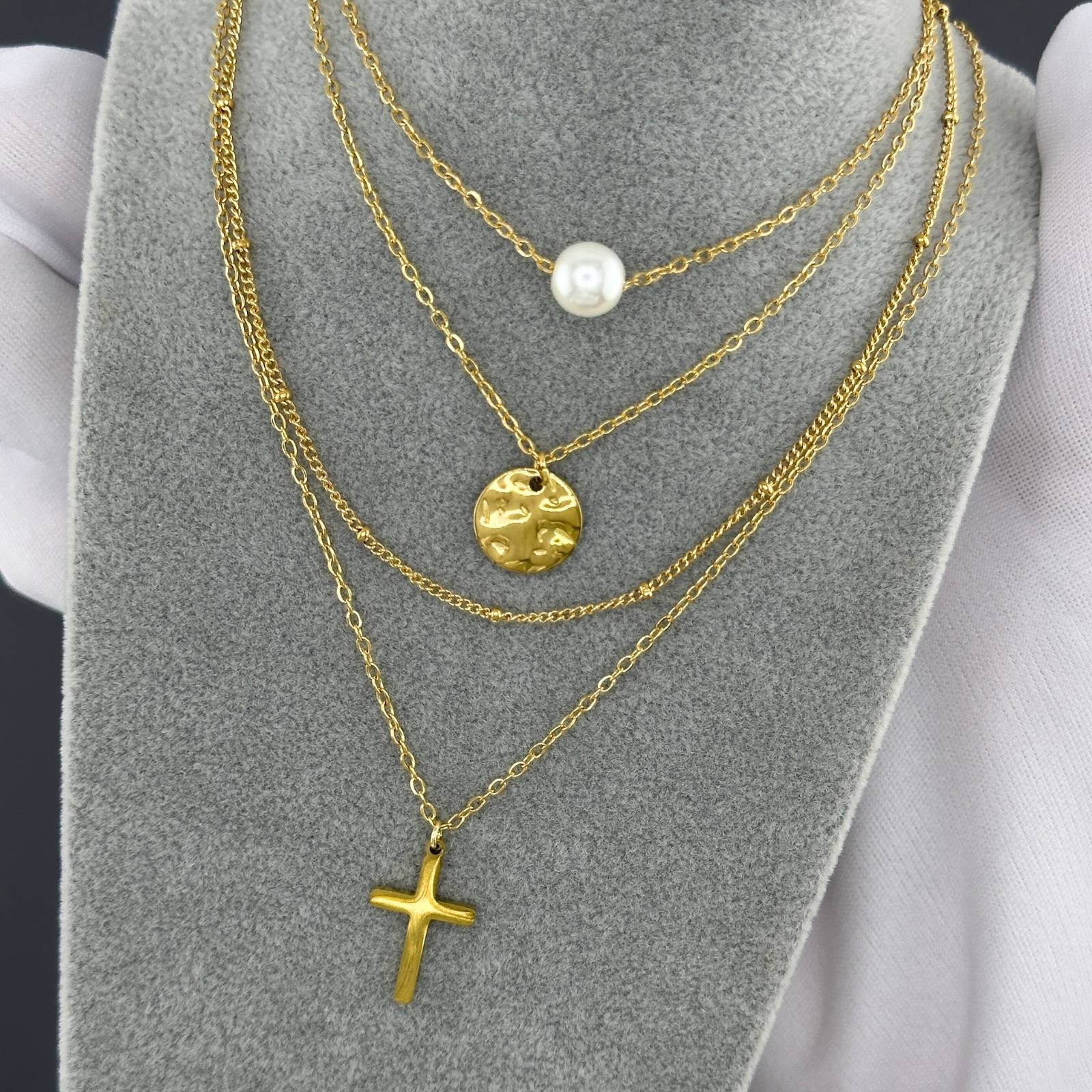 Double Layer Cross Necklace, 18K Gold Plated Steel