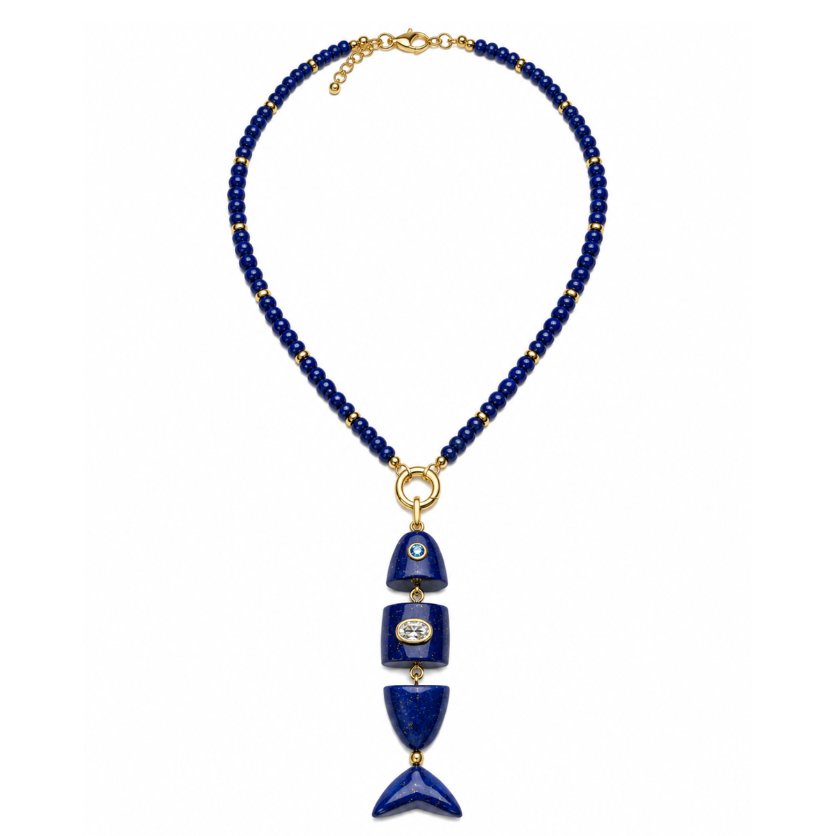 Colorful gemstone fish crystal beaded necklace featuring vibrant, polished beads on a delicate chain.