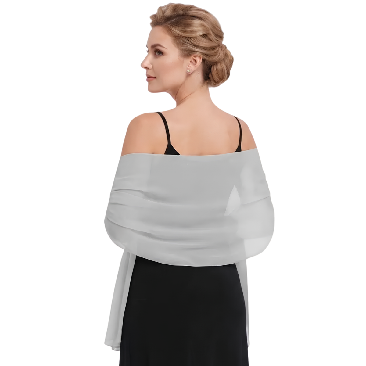 Lightweight chiffon shawl from private label, elegant scarf wrap with flowing fabric and versatile style, shown draped on a model.