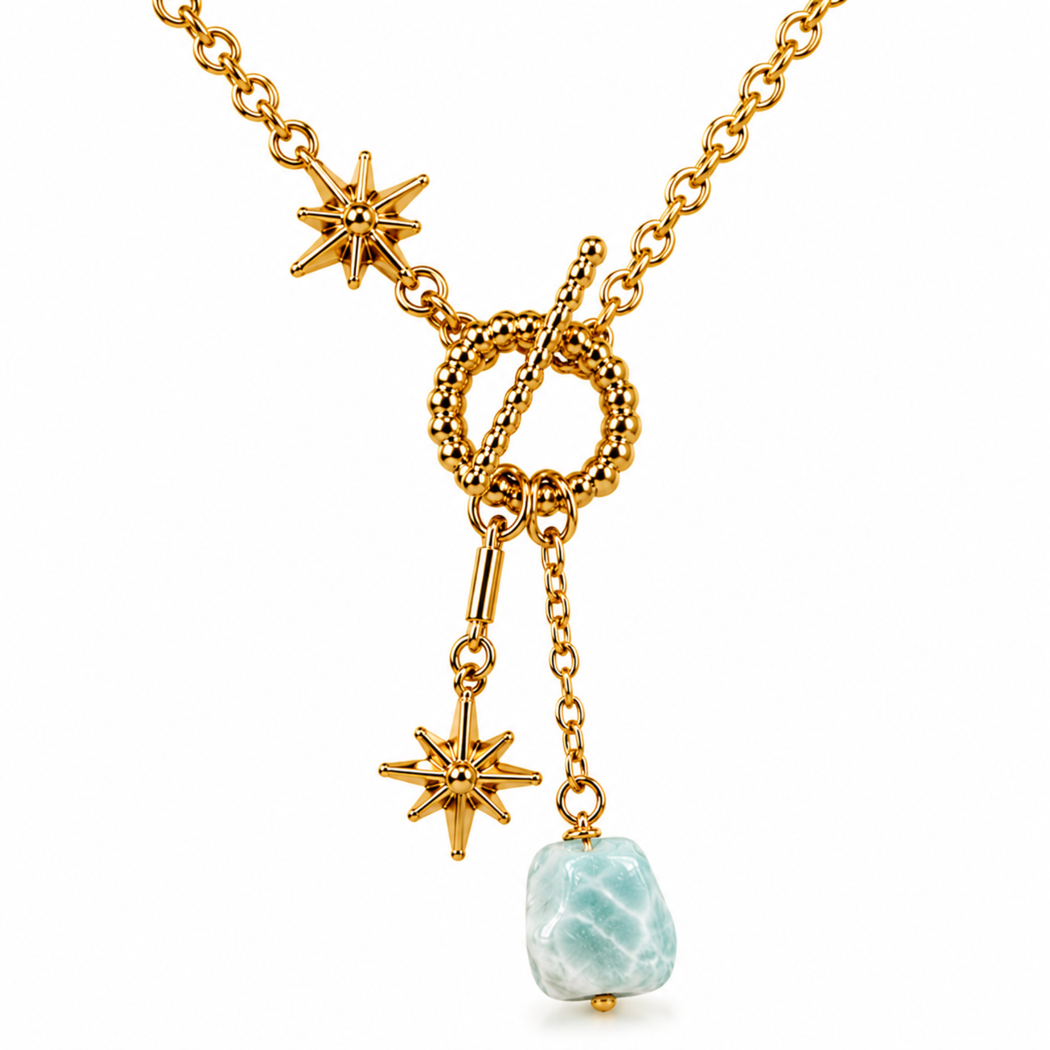Luna Norte Not So Basic gemstone toggle front necklace featuring colorful gemstones and a silver clasp design.
