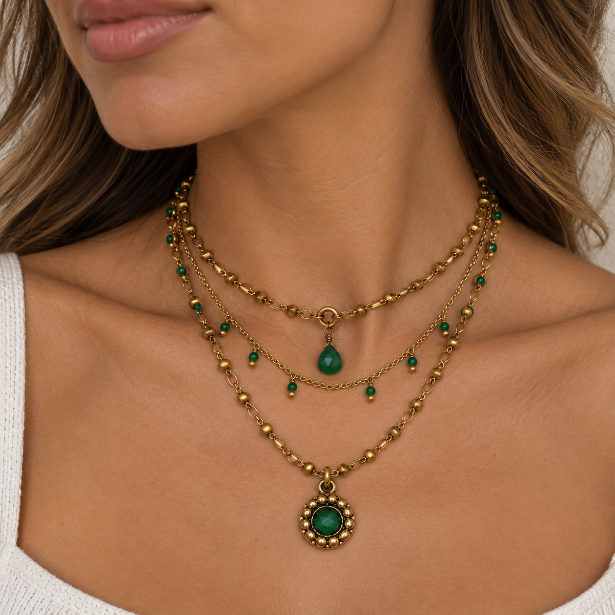 Delicate Triple Layered Pendant Drop Necklace on Beaded & Brass Rosary Chains