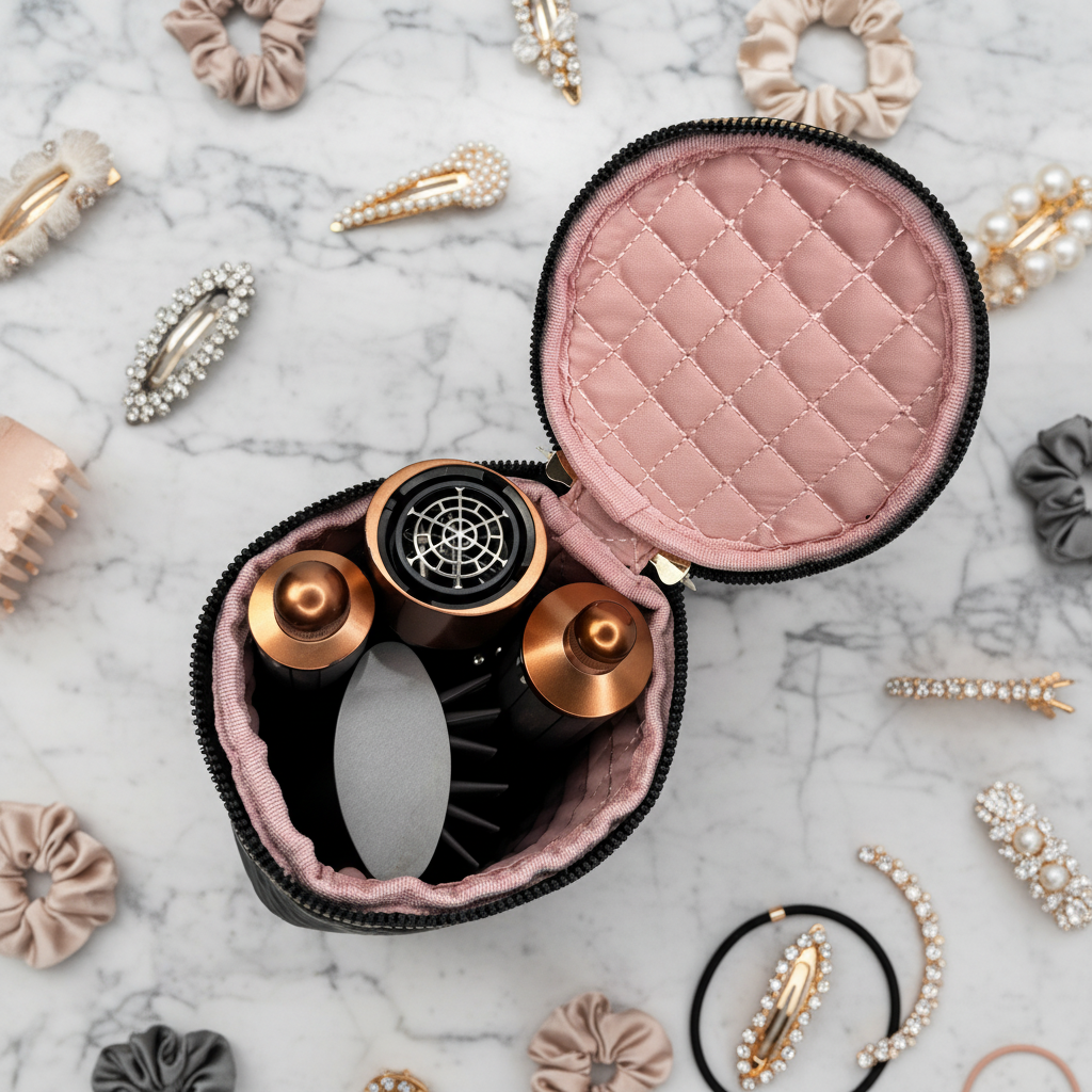 PurseN Hot Tools Holder pouch in timeless quilted design, compact and stylish for organizing hair styling tools.