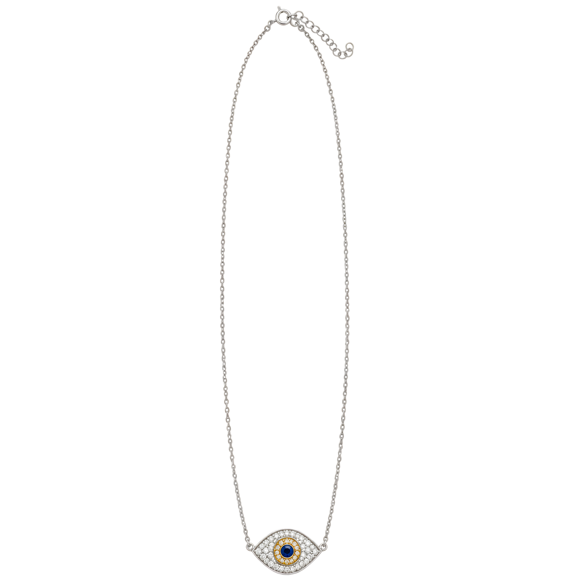 Private label evil eye pave necklace featuring a blue stone and intricate detailing on a delicate chain.