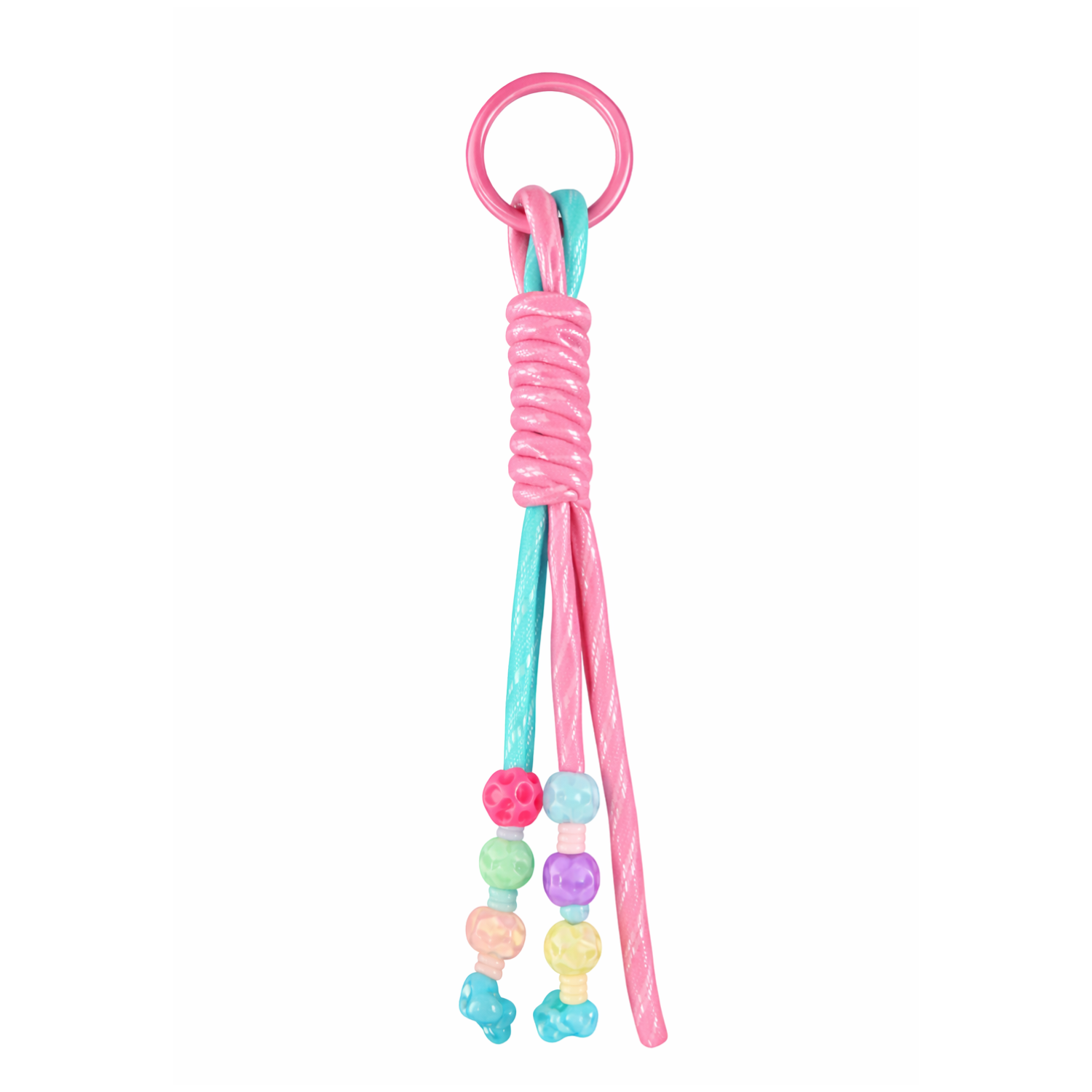Colorful beaded knot rope bag charm with playful design, featuring vibrant beads and a secure clasp for keychains and bags.