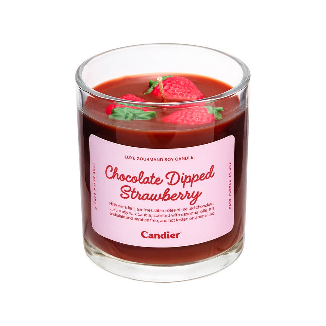 Chocolate dipped strawberry scented candle by Candier, showing a candle with a realistic strawberry and chocolate coating on the label.