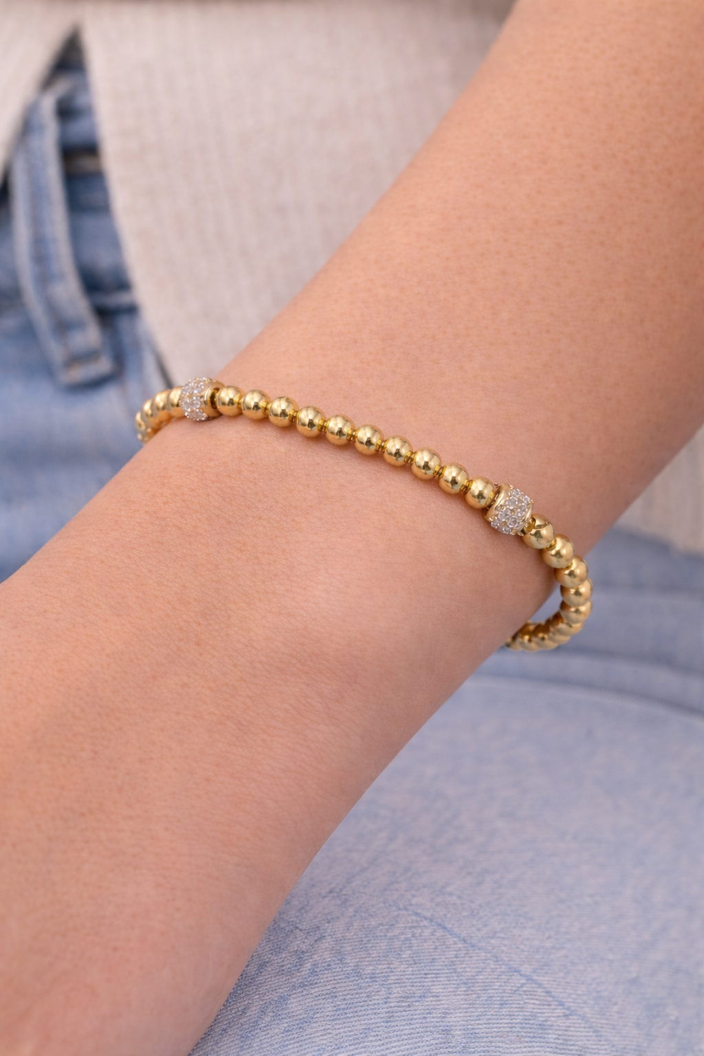 Gold Beaded Bracelets w/ Silver CZ Spacers