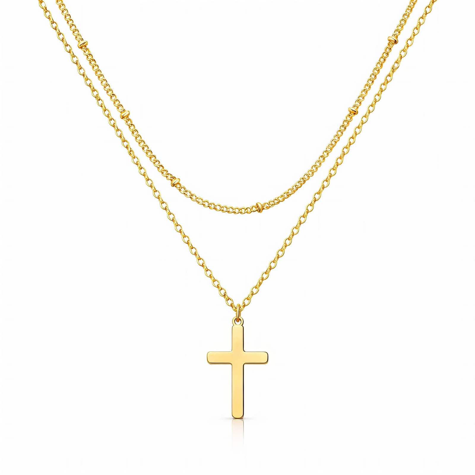 Double Layer Cross Necklace, 18K Gold Plated Steel