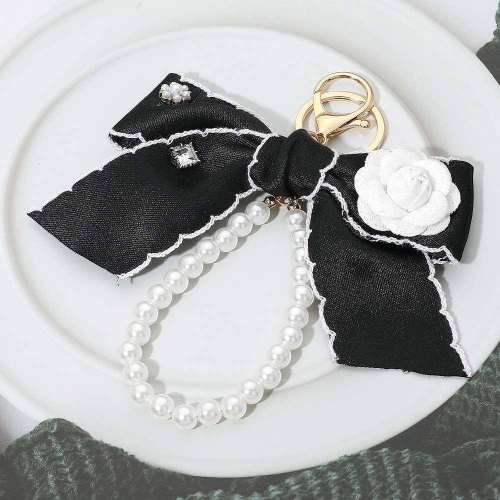 Flower Rhinestone Accent Pearl Loop Bow Keychain Bag Charm