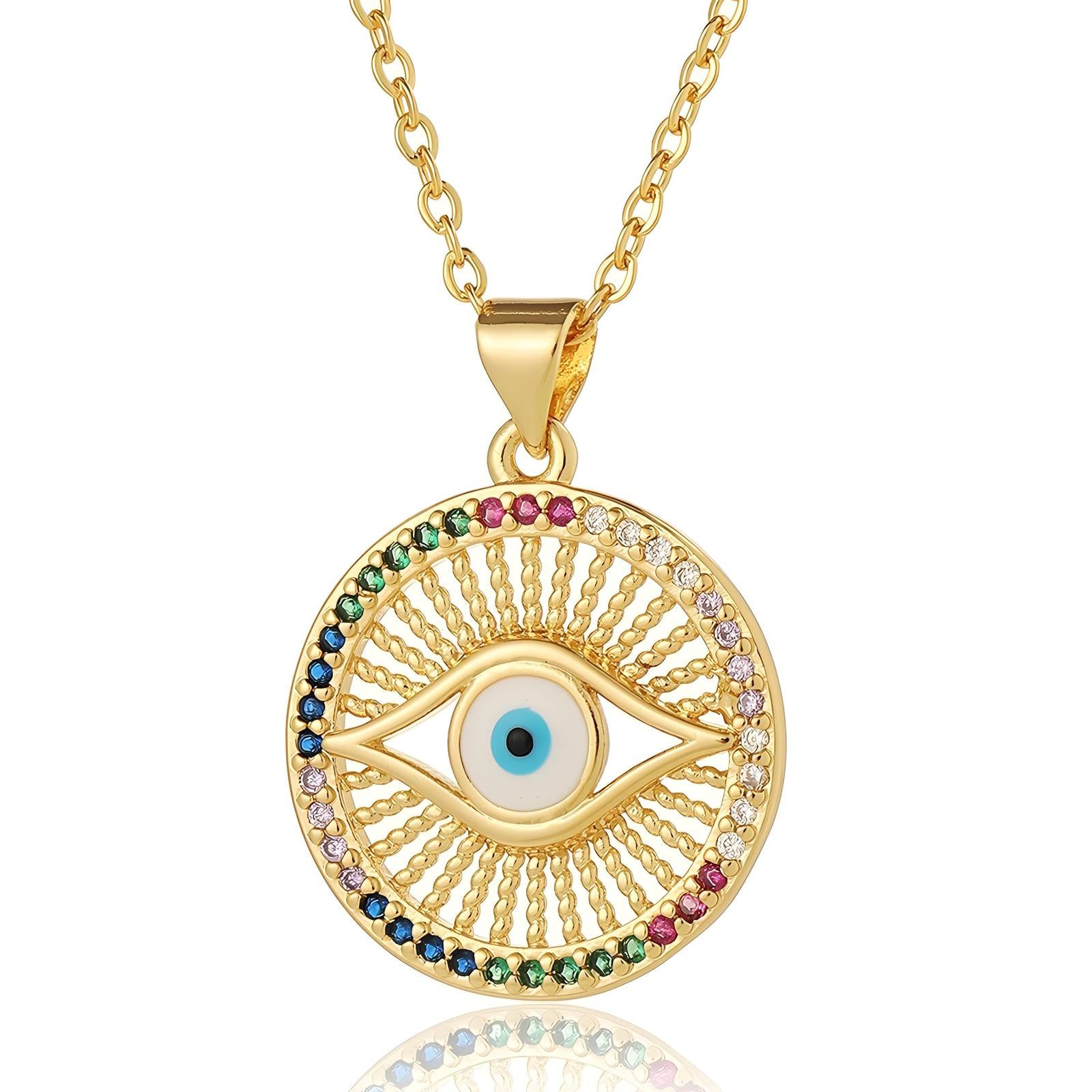 "Multi Evil Eye" CZ Necklace, 18K Gold Plated Steel