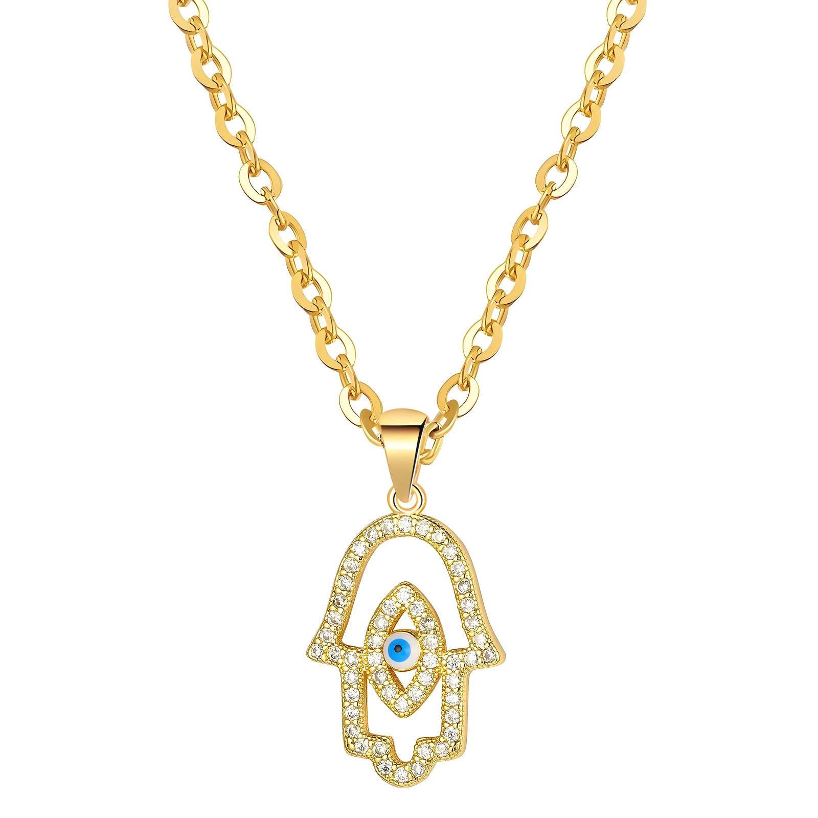Hamsa with Evil Eye Necklace, 18K Gold Plated Steel