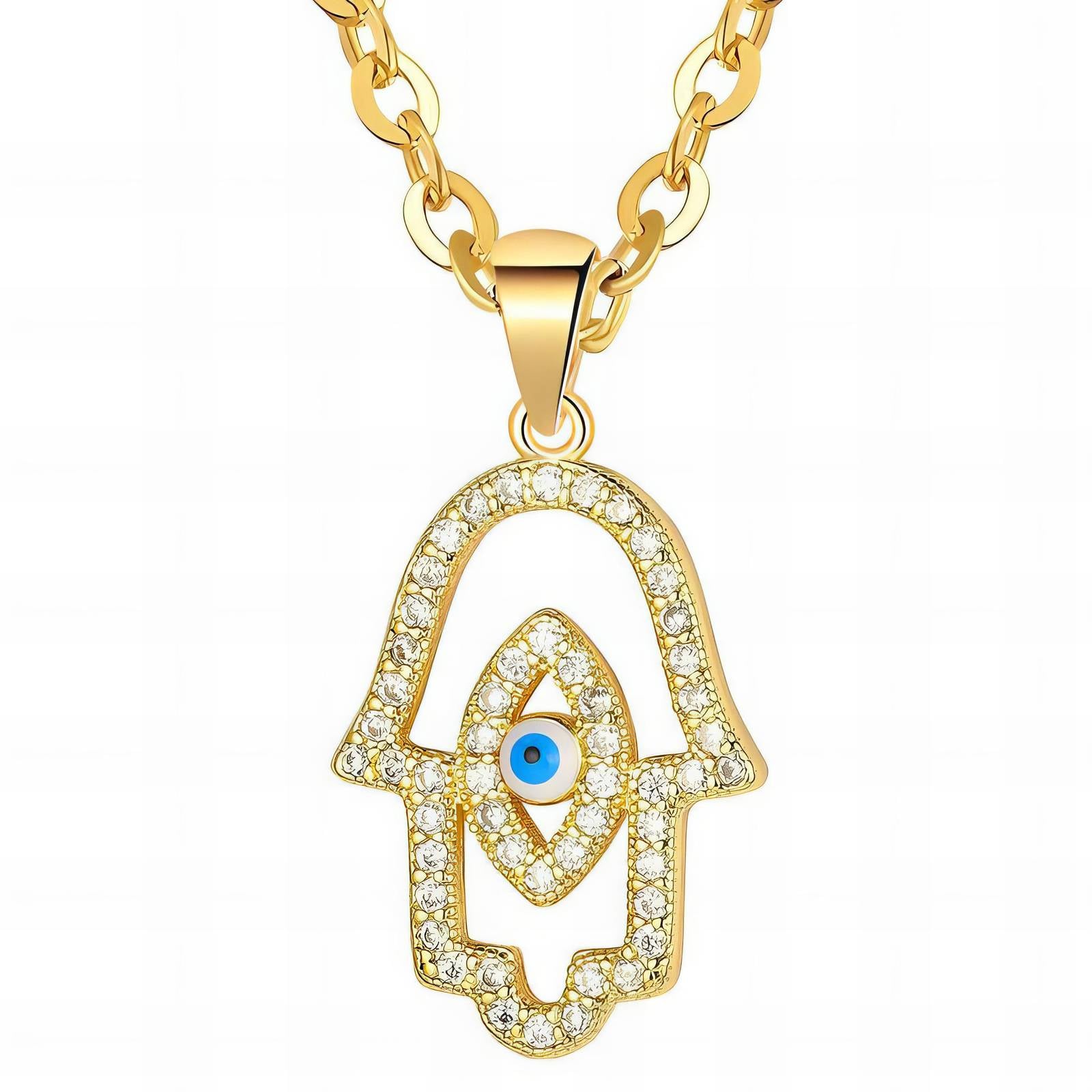 Hamsa with Evil Eye Necklace, 18K Gold Plated Steel