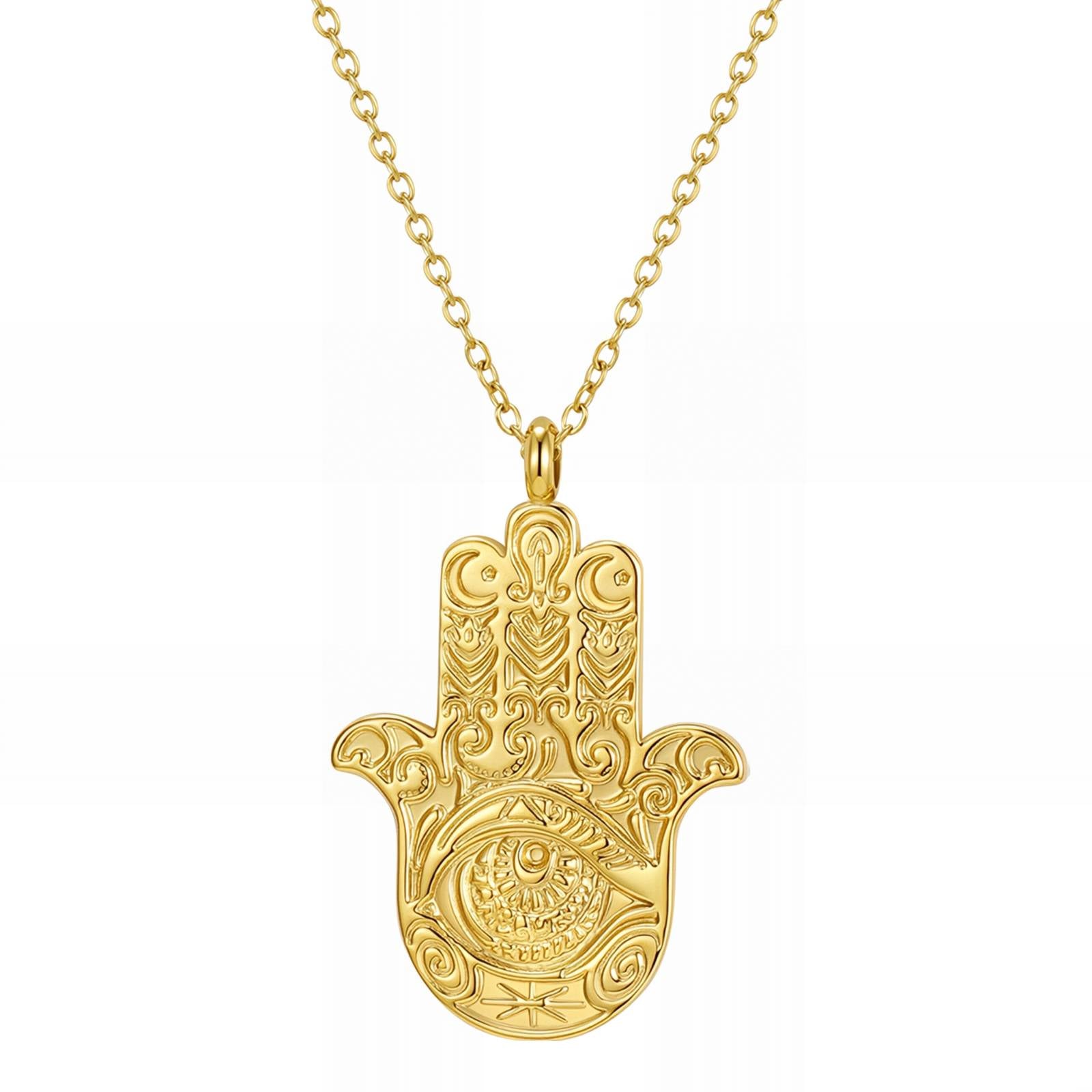 Hamsa Hammered Evil Eye Necklace, 18K Gold Plated Steel