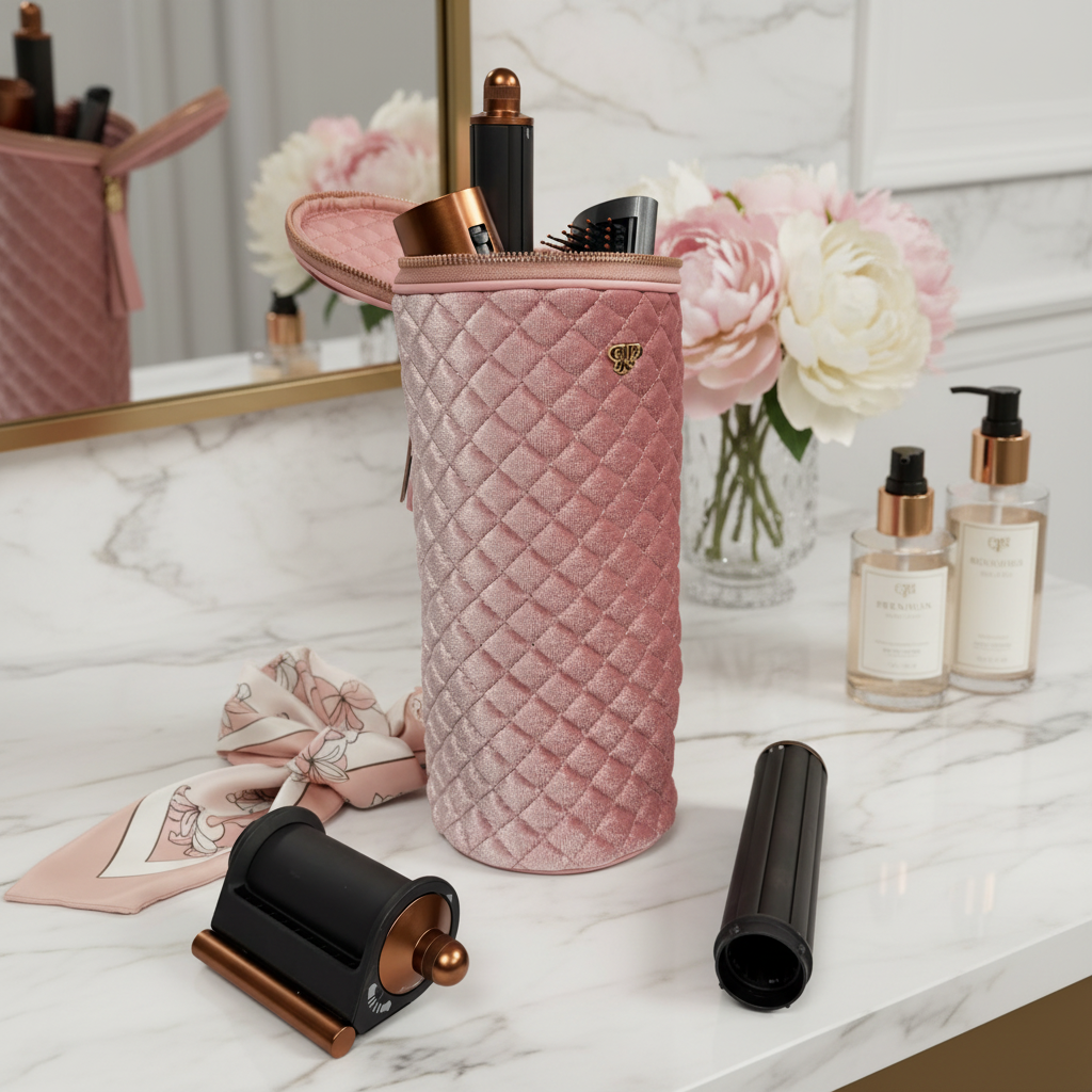 PurseN Hot Tools Holder in blush velvet, a stylish cosmetic bag with a soft fabric exterior and organized interior for beauty tools.