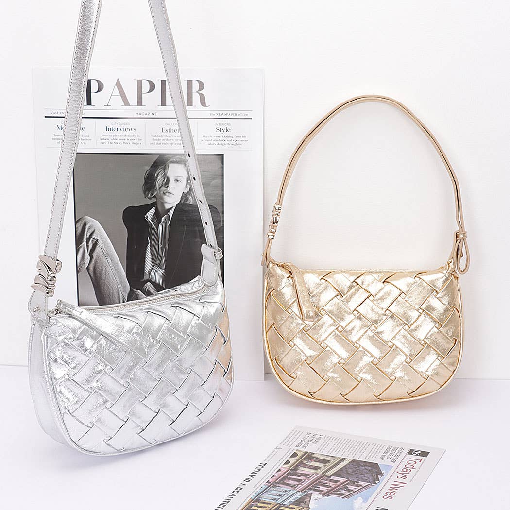 Faux Metallic Leather Braided Embossed Shoulder Bag Silver
