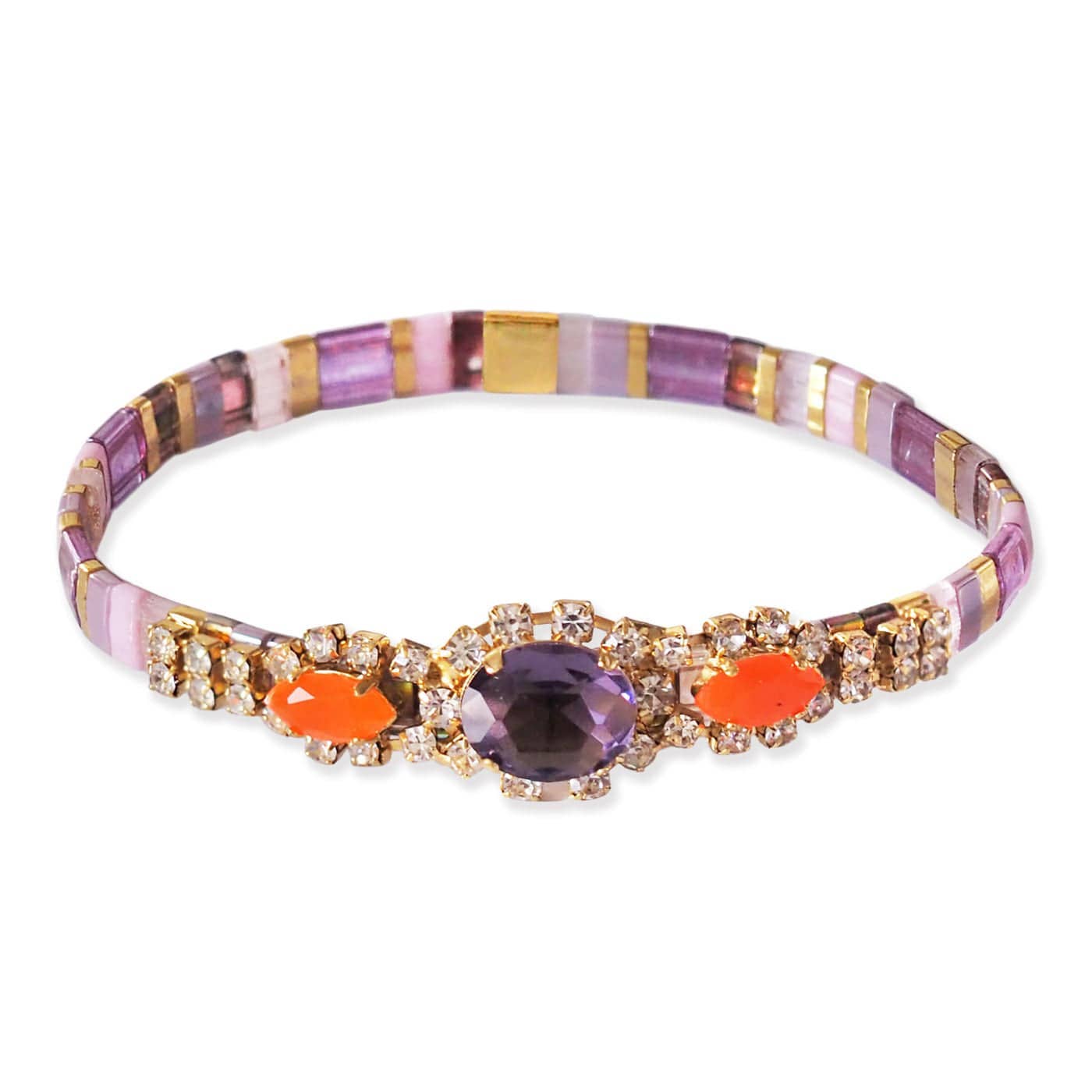 Handmade Tai Jewelry bejeweled Tila beaded bracelet with colorful beads and intricate design, worn on a wrist.