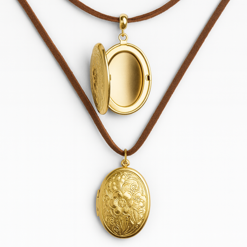 Two gold locket necklaces on brown cords against a white background