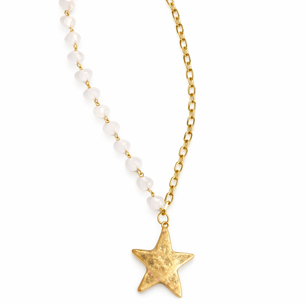 Starry Beaded Chain Necklace by BELJOY featuring shimmering beads and a delicate design on a white background.