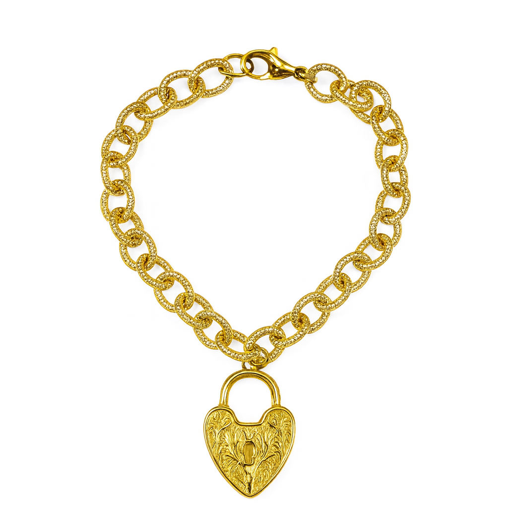 Gold chain bracelet with a heart-shaped padlock charm on a white background