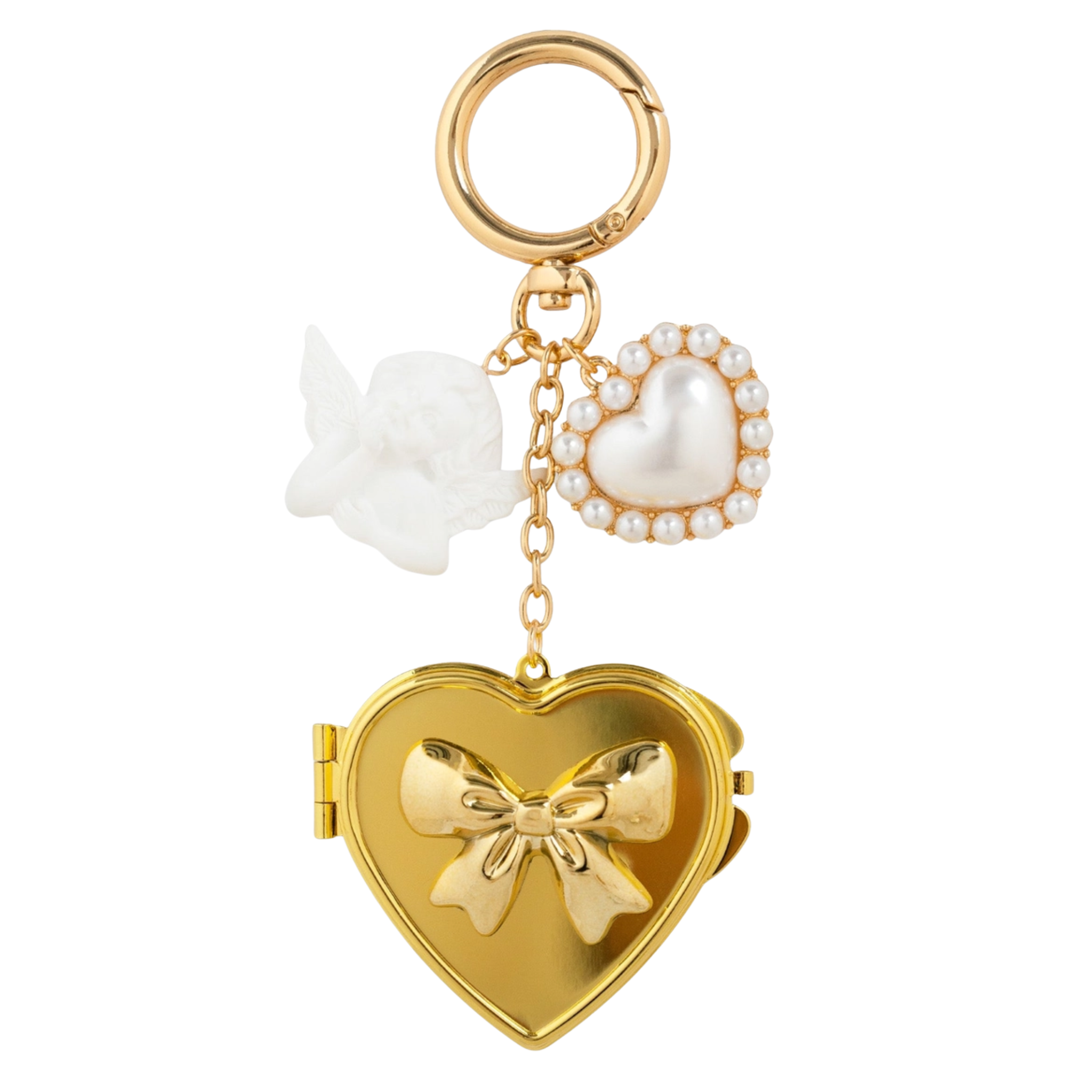 Gold heart-shaped locket keychain with star and heart charms on a white background