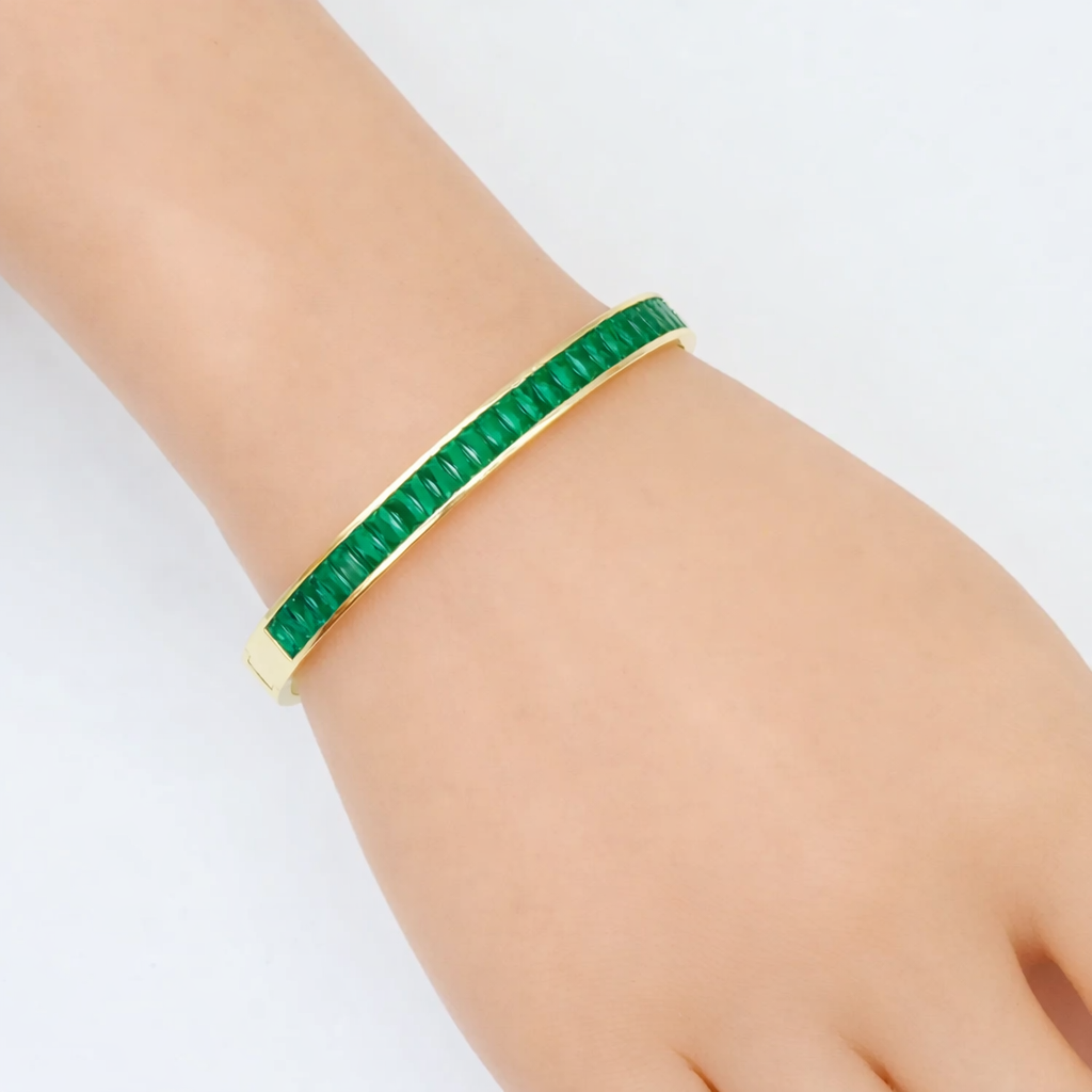 Colorful Baguette CZ Pave Bangle Bracelet, Gold-Filled