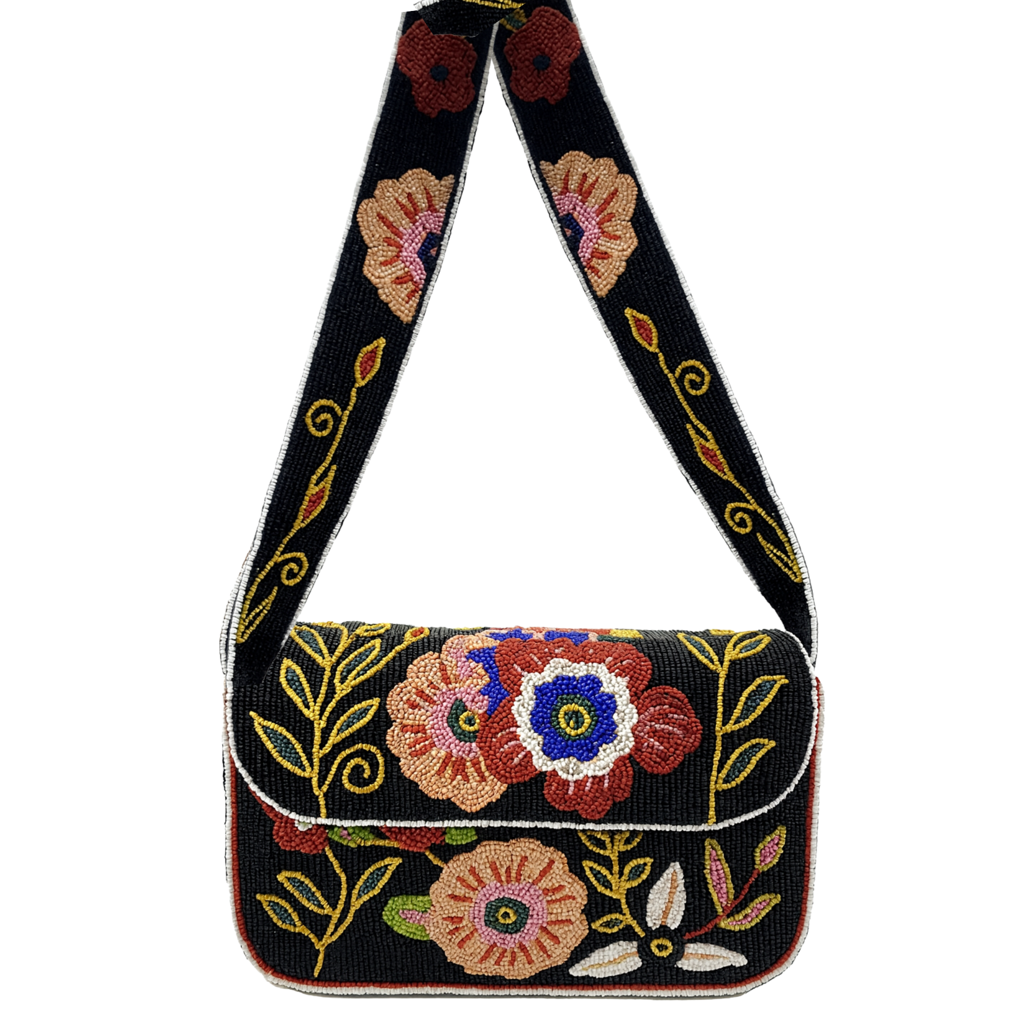 Beaded floral bag with a black strap on a white background