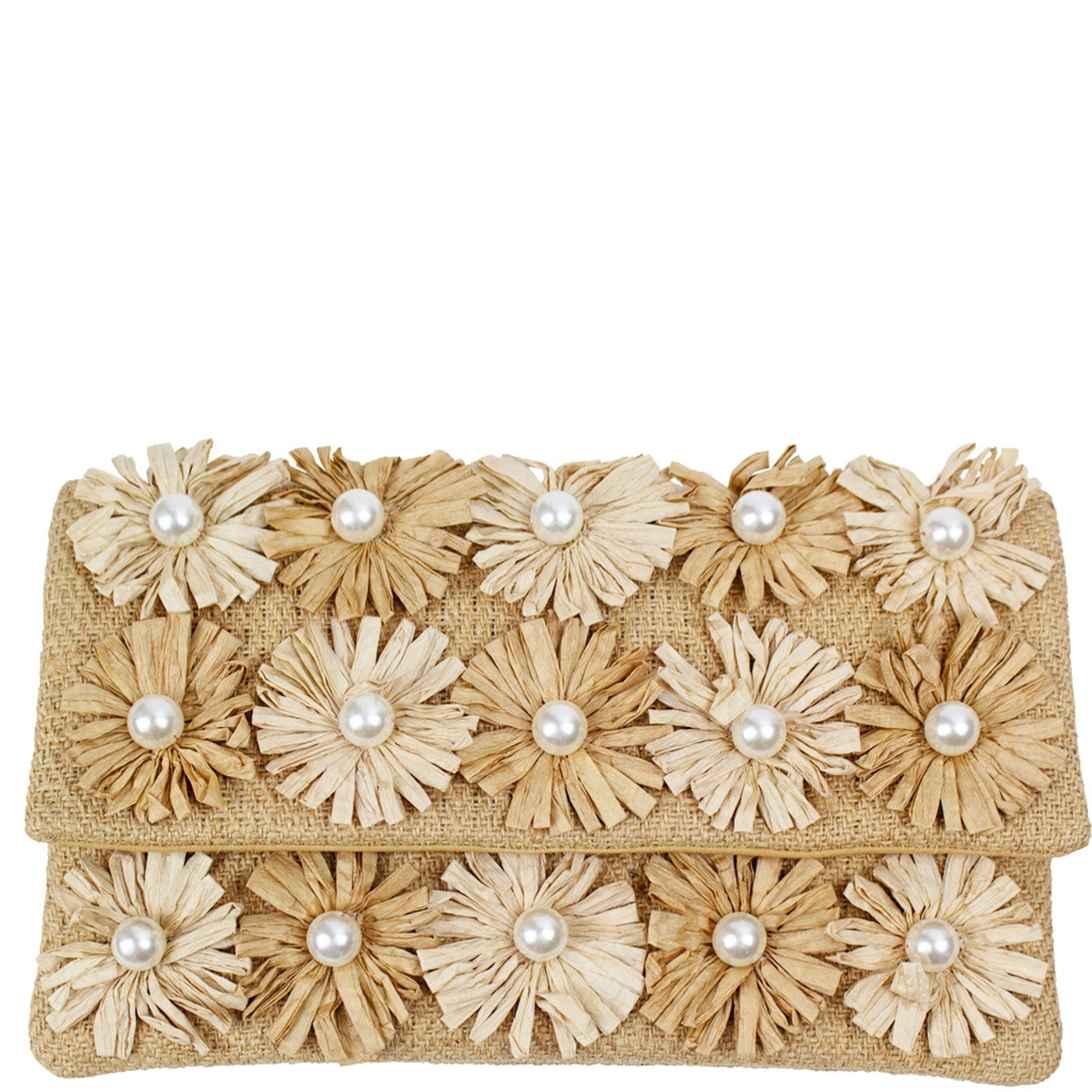 Beige clutch bag with floral embellishments and pearl-like beads on a white background