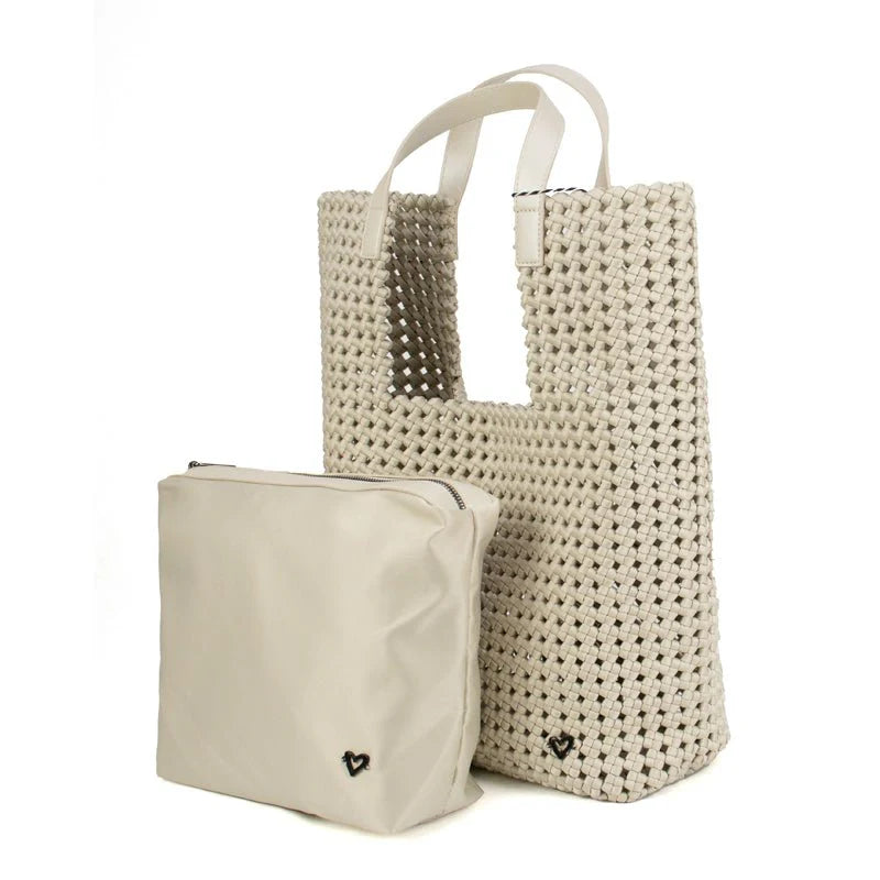 Beige woven tote bag and pouch on a white background