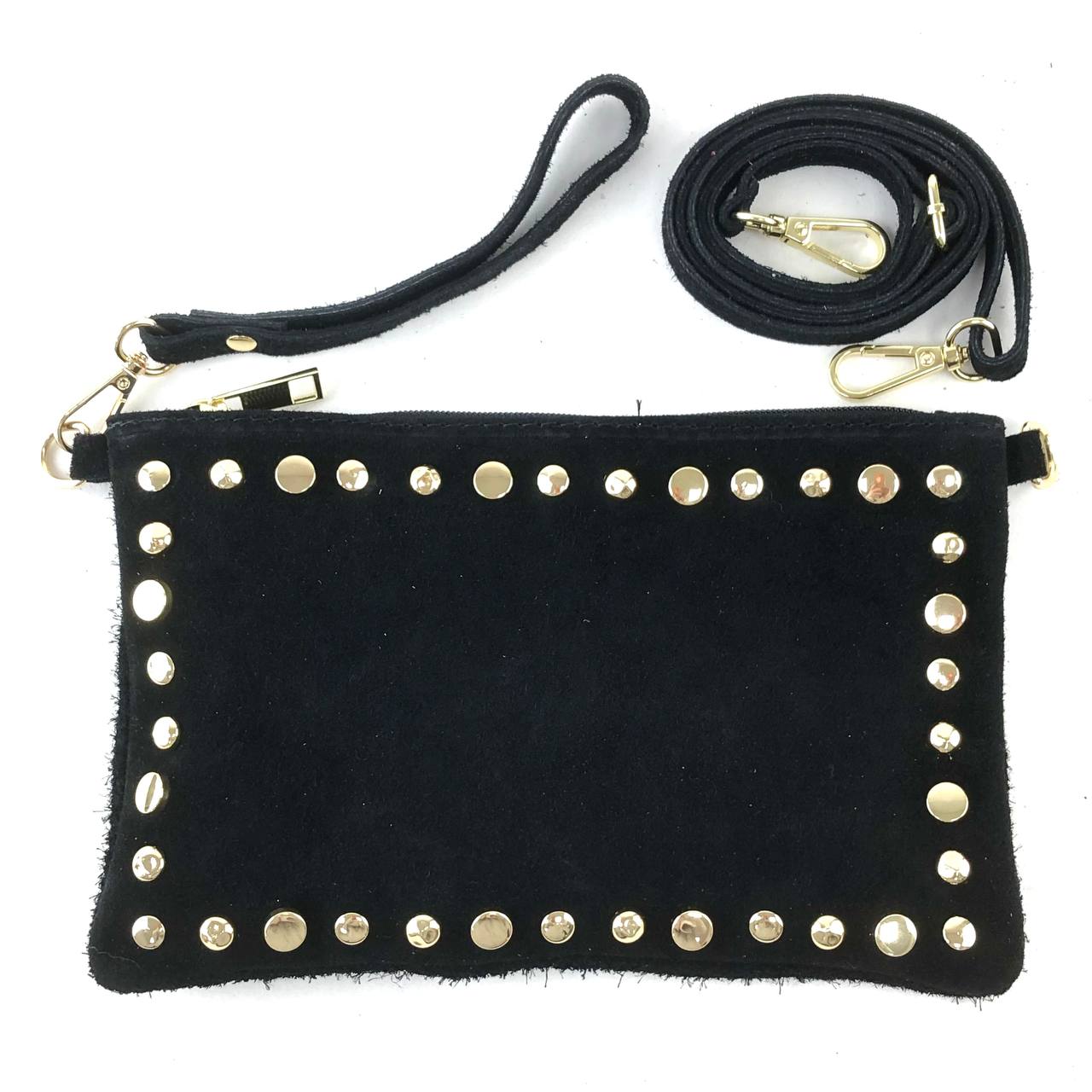 Black clutch bag with gold studs and a matching strap on a white background