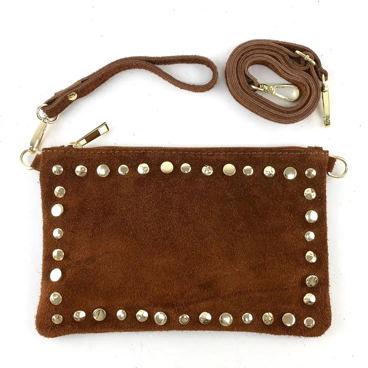 Brown suede clutch with gold studs and matching strap on a white background