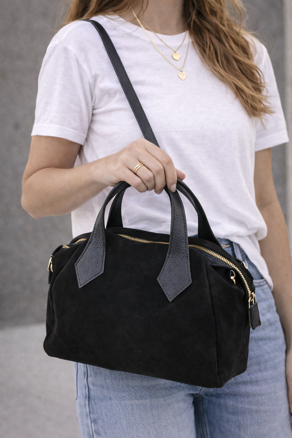 Black Suede Mini Satchel Bag with Leather Handles