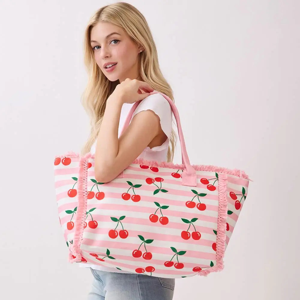 Cherry pattern stripe fringe trim shoulder tote bag, a stylish beach bag with vibrant cherry design and fringe accents.