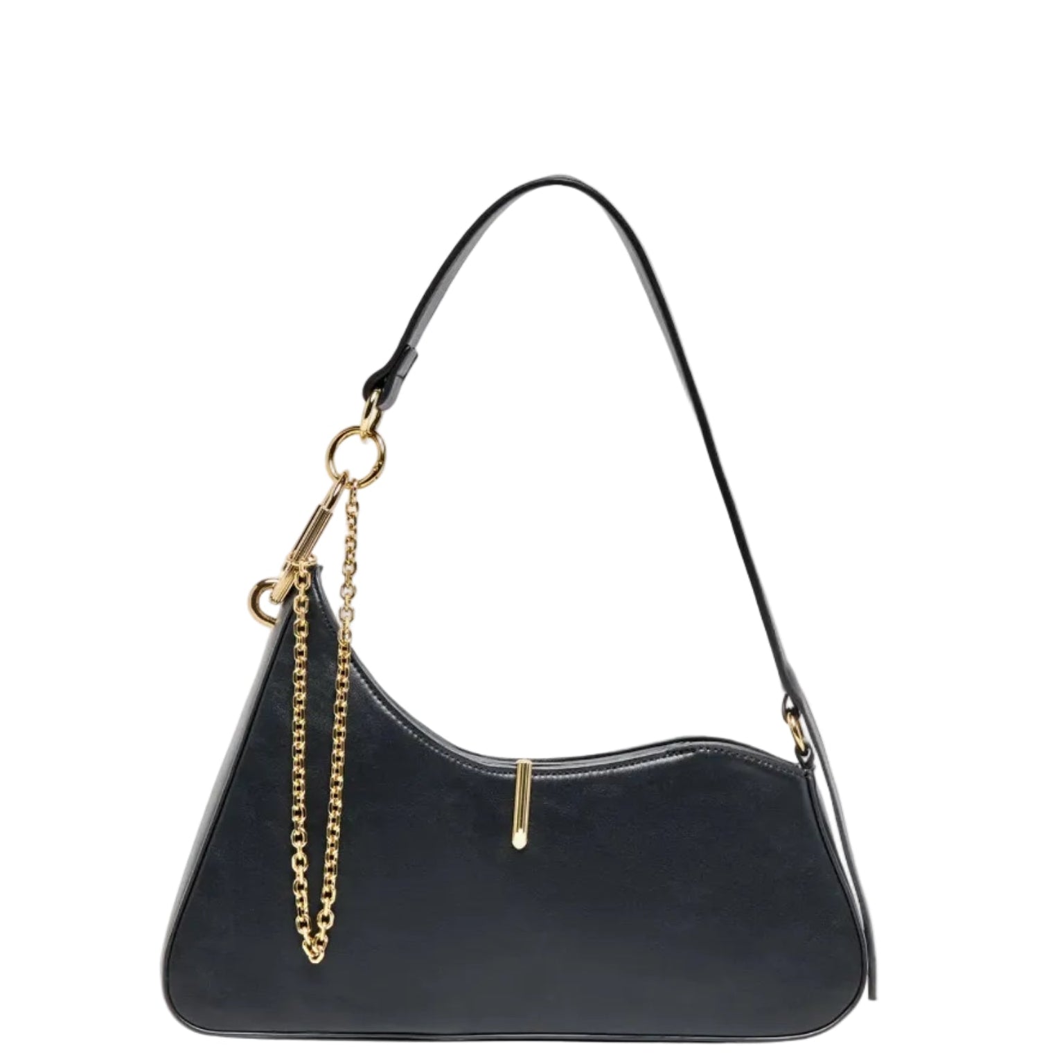 Black handbag with gold chain detail on a white background