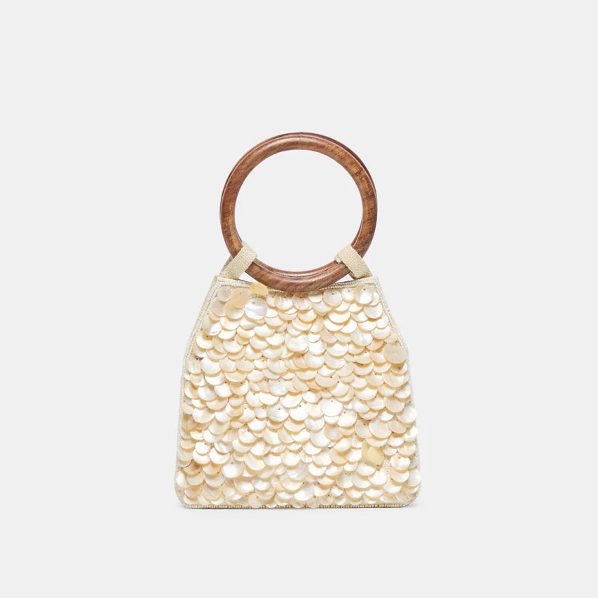 Natural sequin Allegra handbag by Dolce Vita, showcasing a stylish design with shimmering details and a versatile shape.