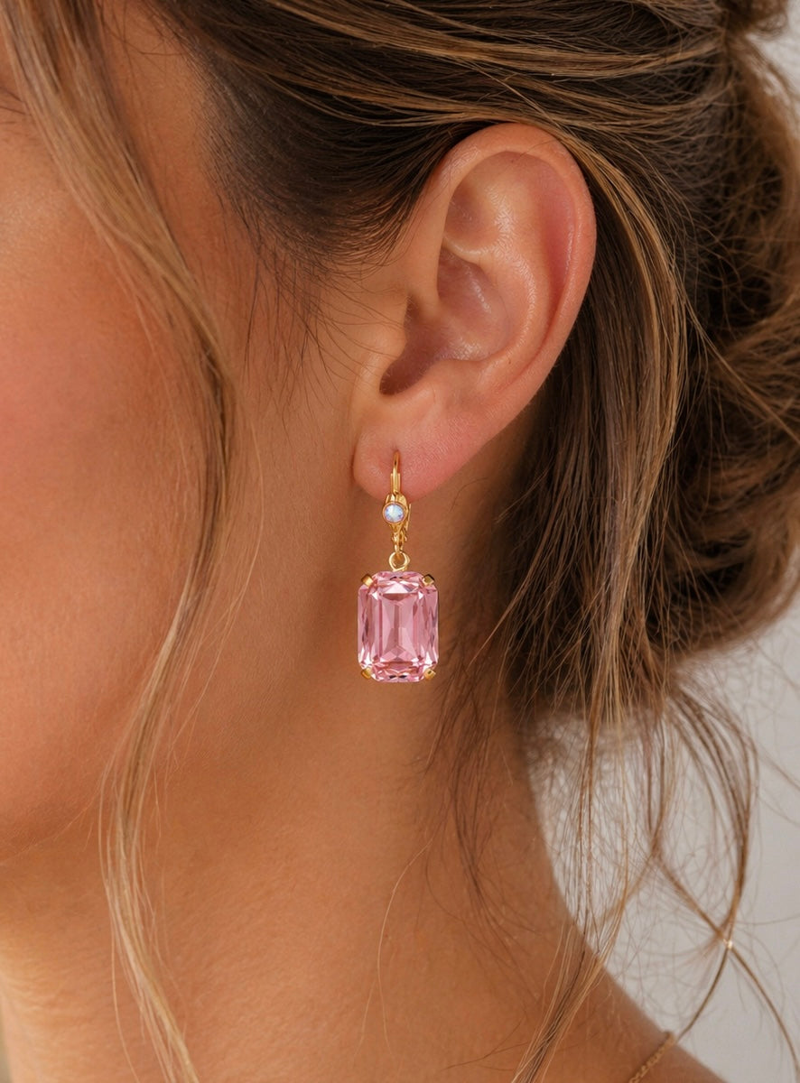 Sorrelli Kathleen studded dangle earrings with intricate detailing and sparkling embellishments, hanging gracefully from earlobes.