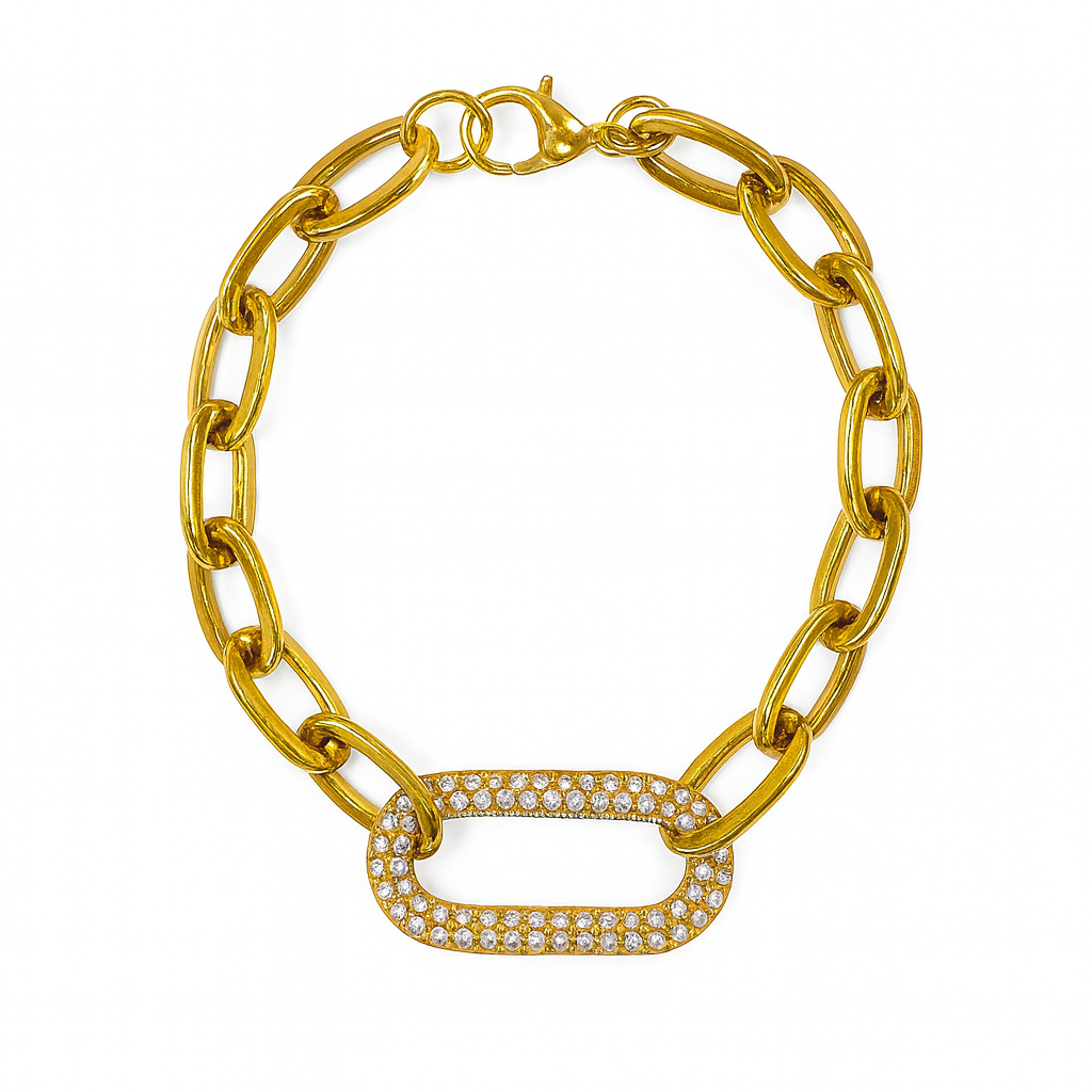 Gold chain bracelet with a rectangular clasp on a white background