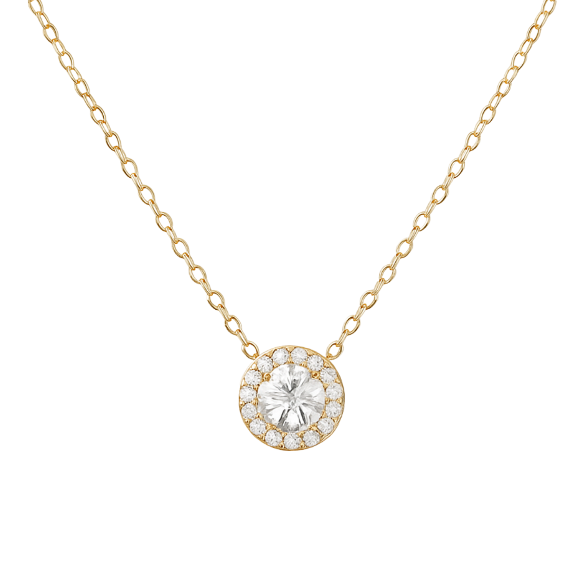 Gold necklace with a round diamond pendant on a white background