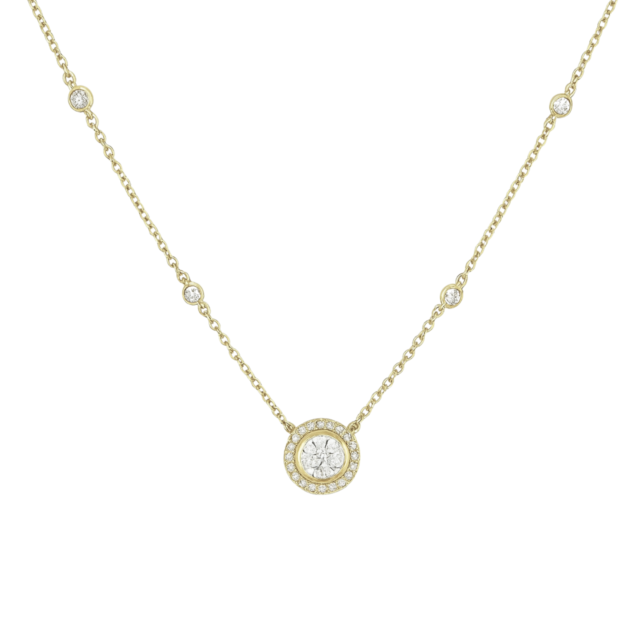 Gold necklace with a round pendant on a white background