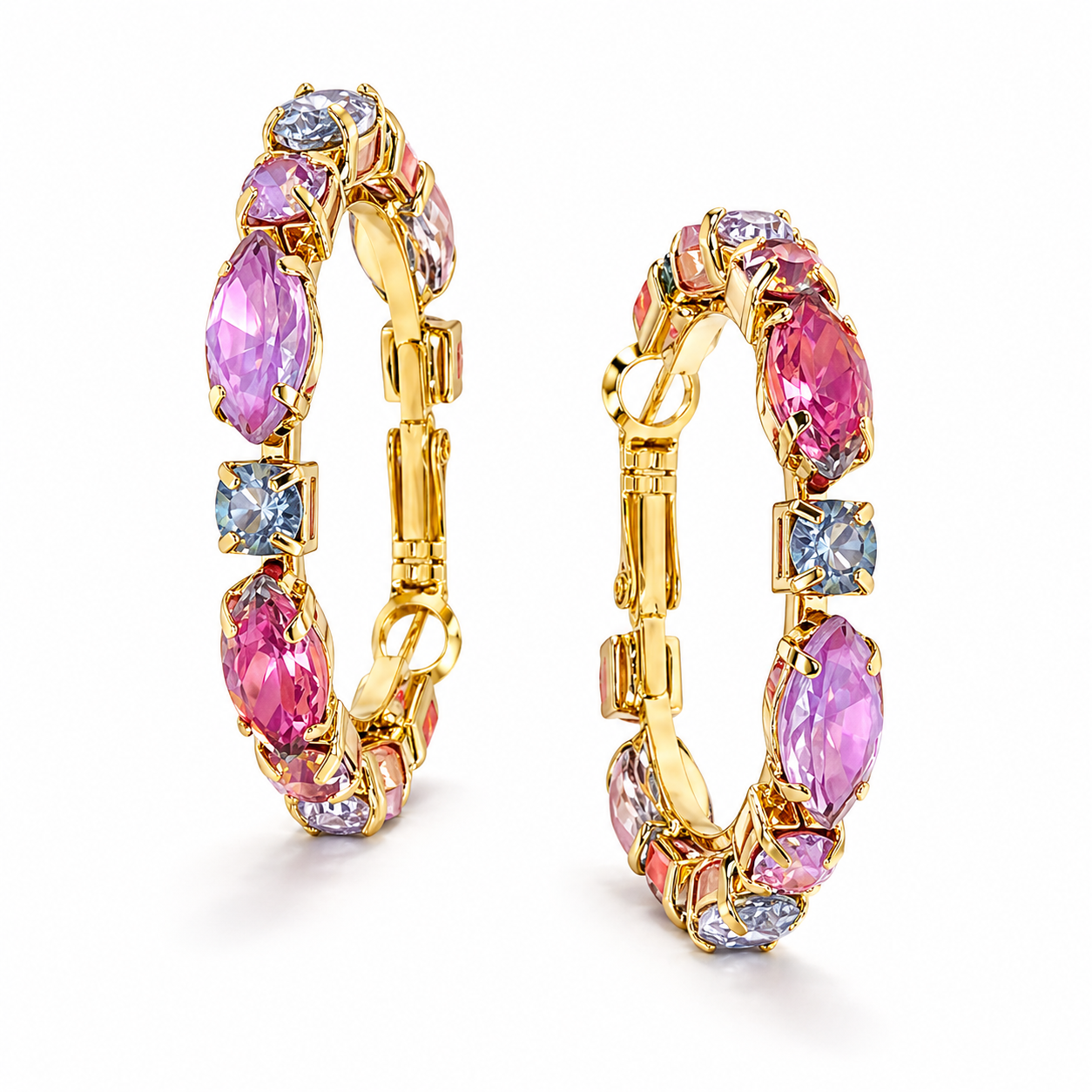 Multicolor cubic zirconia hoop earrings by private label, featuring vibrant stones and a stylish hoop design.