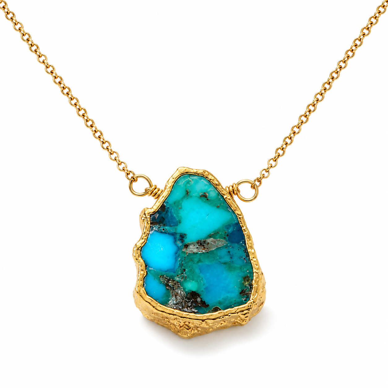 Earth, Wind and Fire Luna Norte genuine turquoise stone necklace with gold chain, showcasing vibrant blue-green gemstone and elegant design.